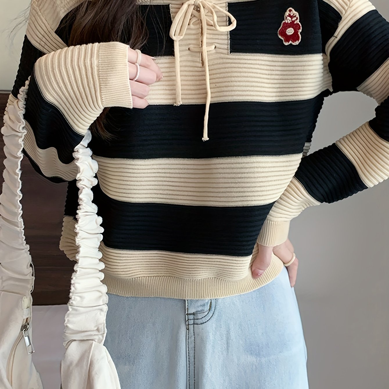 Sixsr Striped Tie Neck Pullover Sweater, Casual Long Sleeve Drop Shoulder Sweater, Women's Clothing