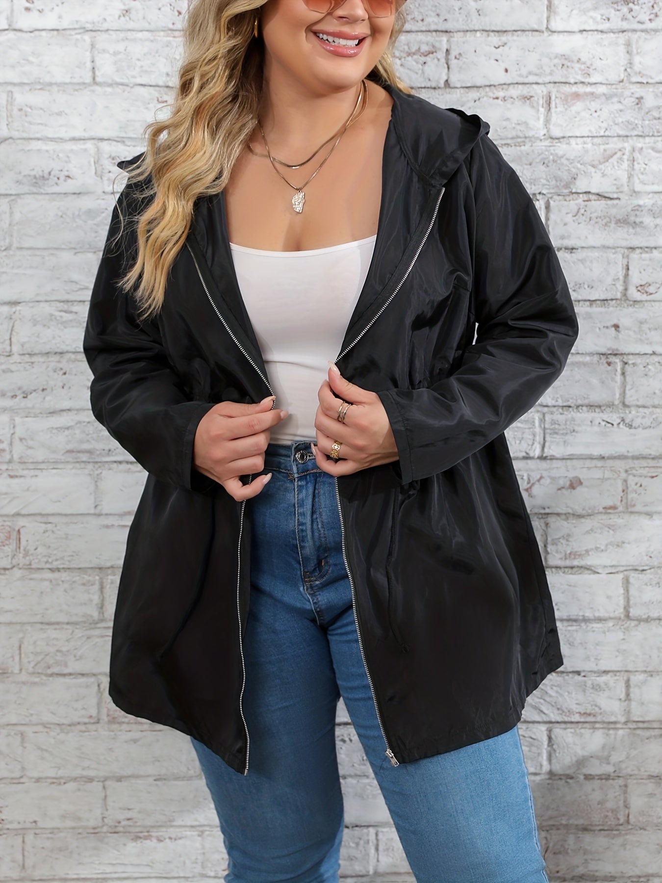 Sixsr Plus Size Casual Coat, Women's Plus Solid Zipper Long Sleeve Hoodie Drawstring Tunic Coat