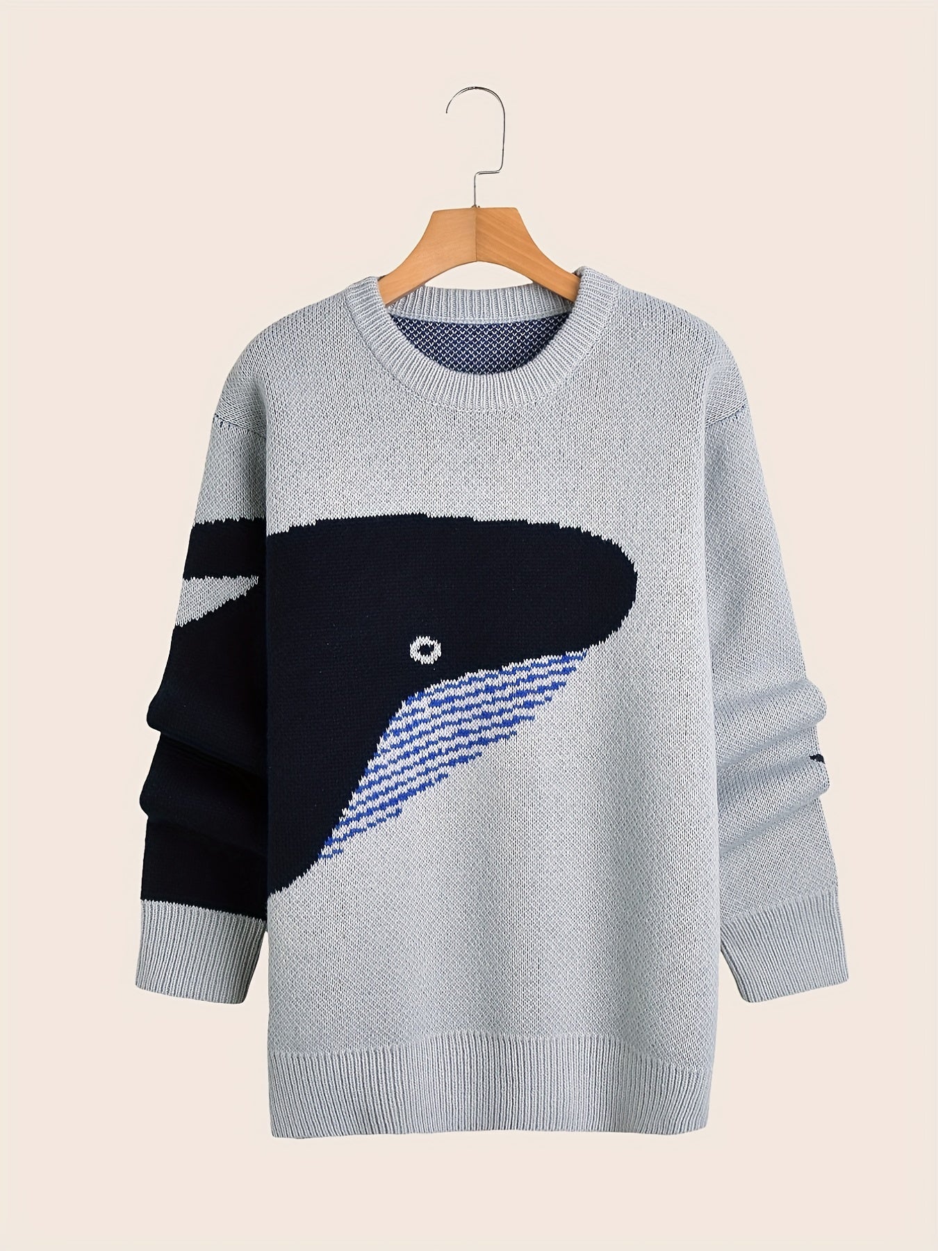 Sixsr Cartoon Whale Print, Loose Fit Warm Sweater, Men's Casual Retro Style Slightly Stretch Crew Neck Pullover Sweater For Fall Winter