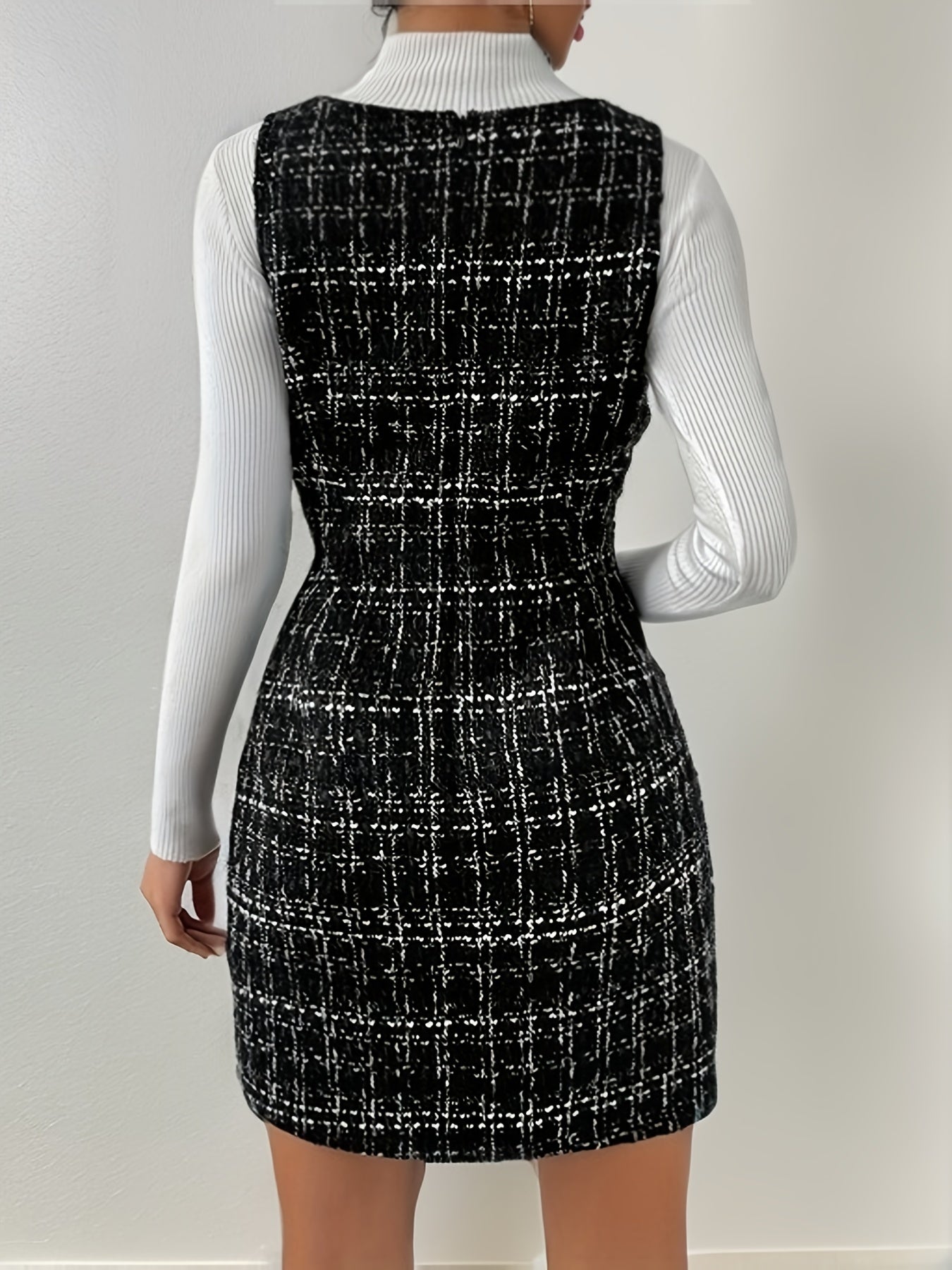 Sixsr Plaid Print Surplice Neck Sleeveless Dress, Elegant Double Breasted Bodycon Dress, Women's Clothing