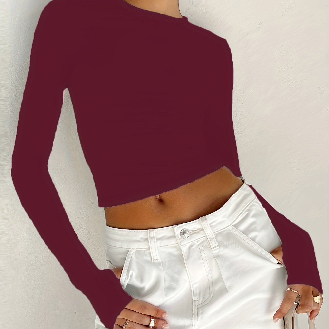 Sixsr Slim Solid Crew Neck T-Shirt, Y2K Long Sleeve T-Shirt For Spring & Fall, Women's Clothing