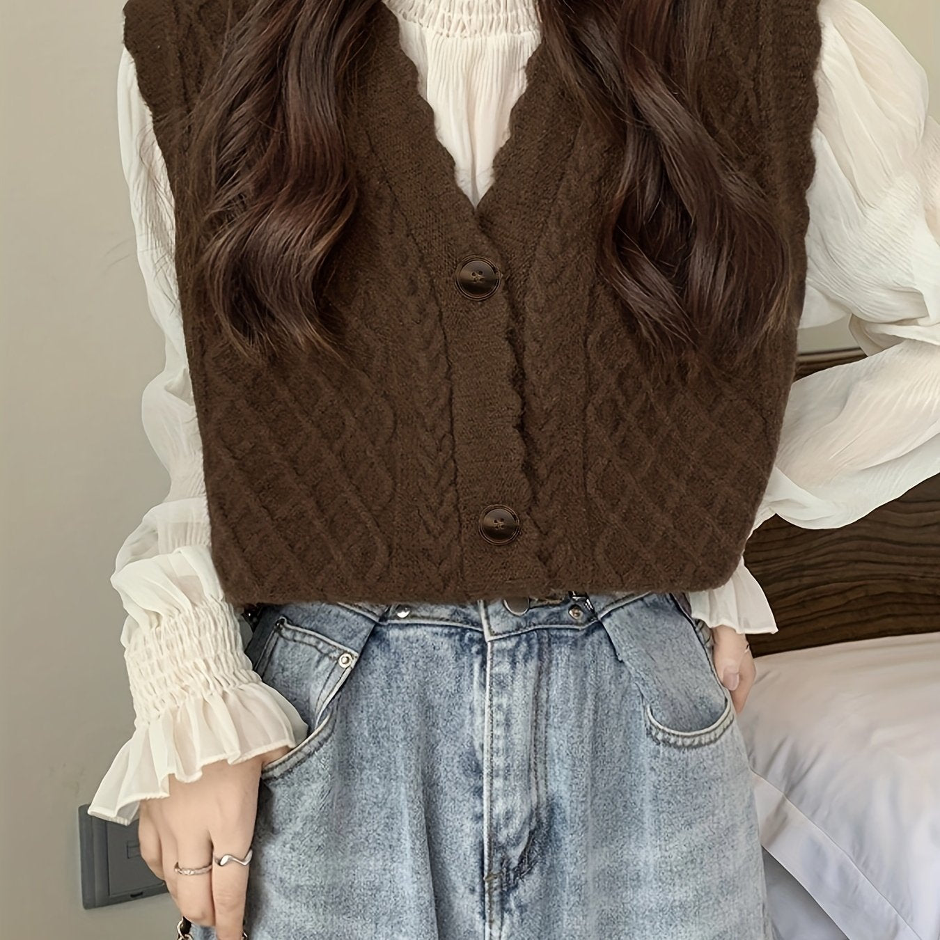 Sixsr Cable Knit Button Sweater Vest, Casual Sleeveless V Neck Scallop Trim Sweater, Women's Clothing