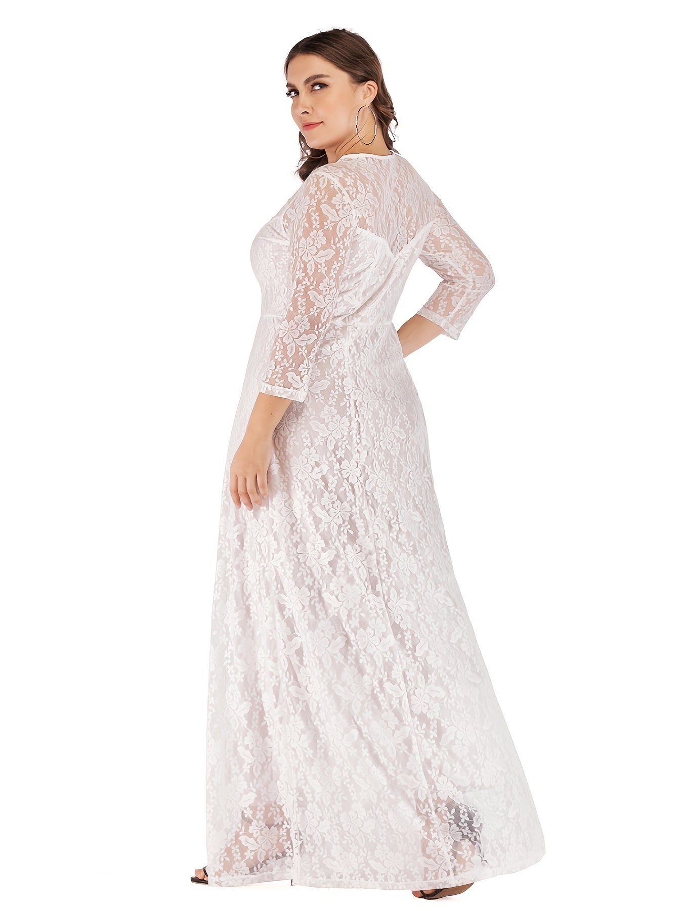 Sixsr Plus Size Romantic Wedding Dress, Women's Plus Floral Lace Long Sleeve Round Neck Lined Formal Party Dress