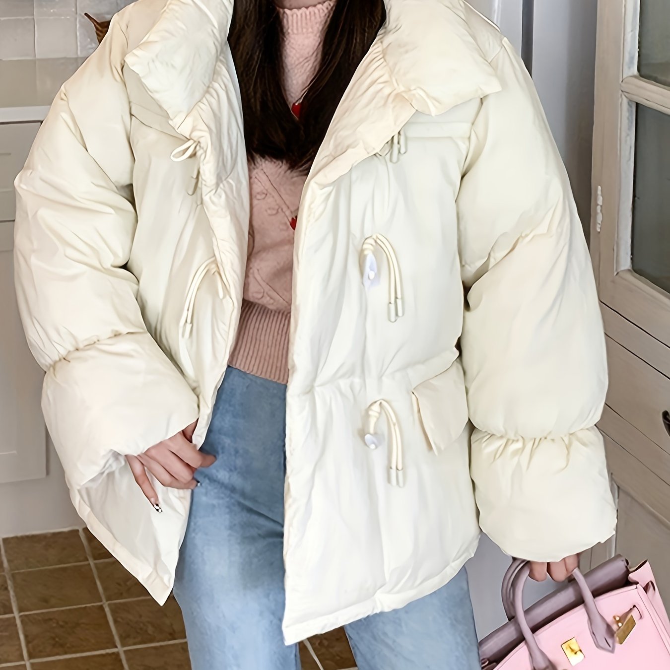 Sixsr Buckle Front Solid Warm Coat, Casual Long Sleeve Puffy Outerwear, Women's Clothing