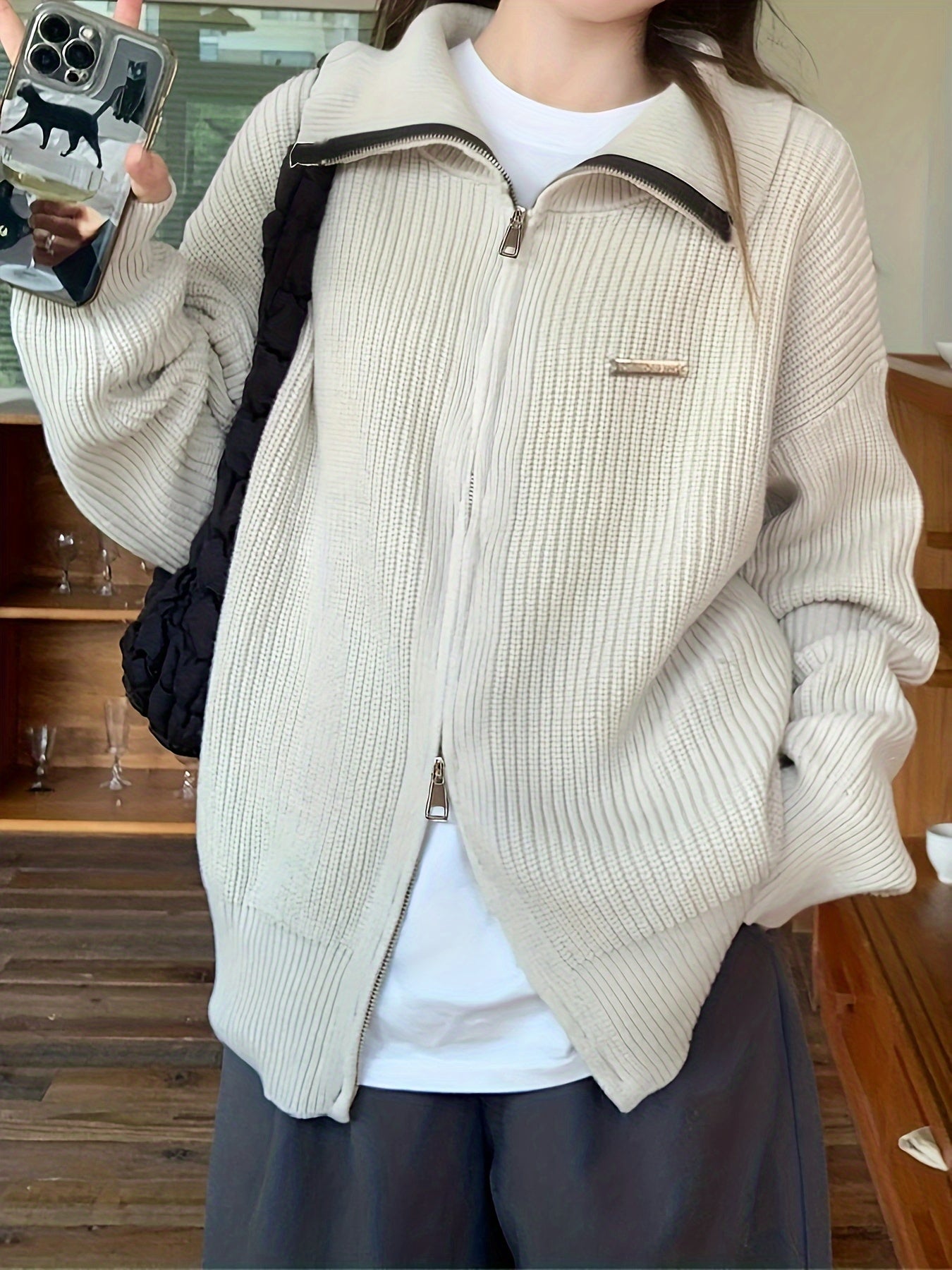 Sixsr Solid Zip Up Knit Cardigan, Casual Turndown Collar Long Sleeve Loose Sweater For Fall & Winter, Women's Clothing