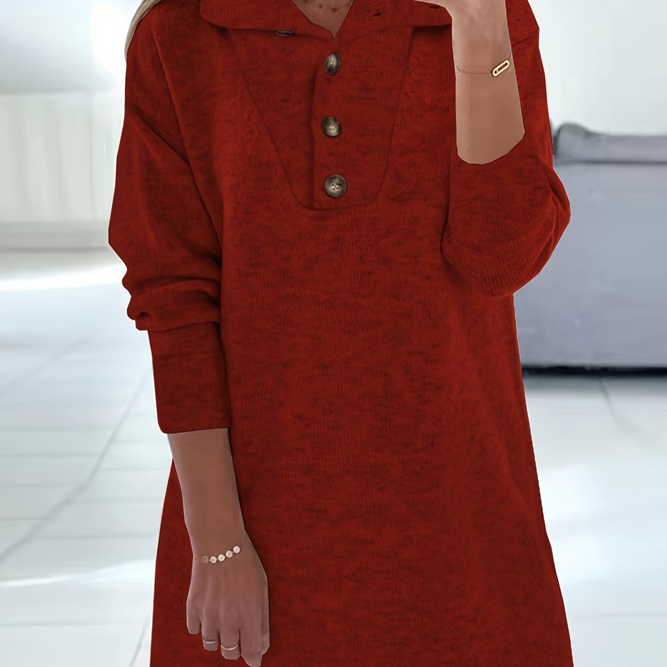 Sixsr Solid Button Front Lapel Dress, Casual Long Sleeve Knit Dress For Spring & Fall, Women's Clothing