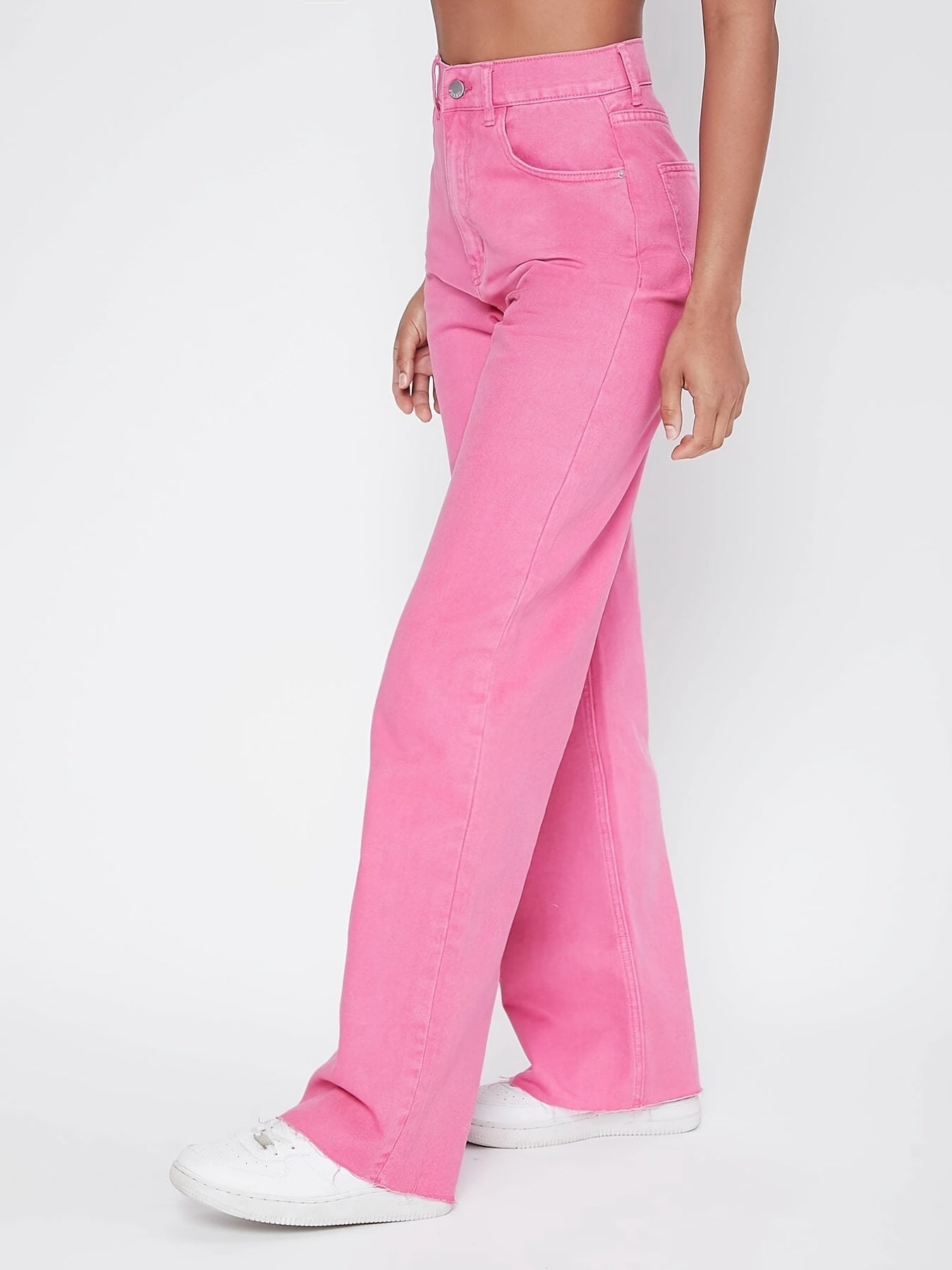 Sixsr Pink Raw Cut Straight Jeans, Loose Fit High Rise Slant Pockets Denim Pants, Women's Denim Jeans & Clothing