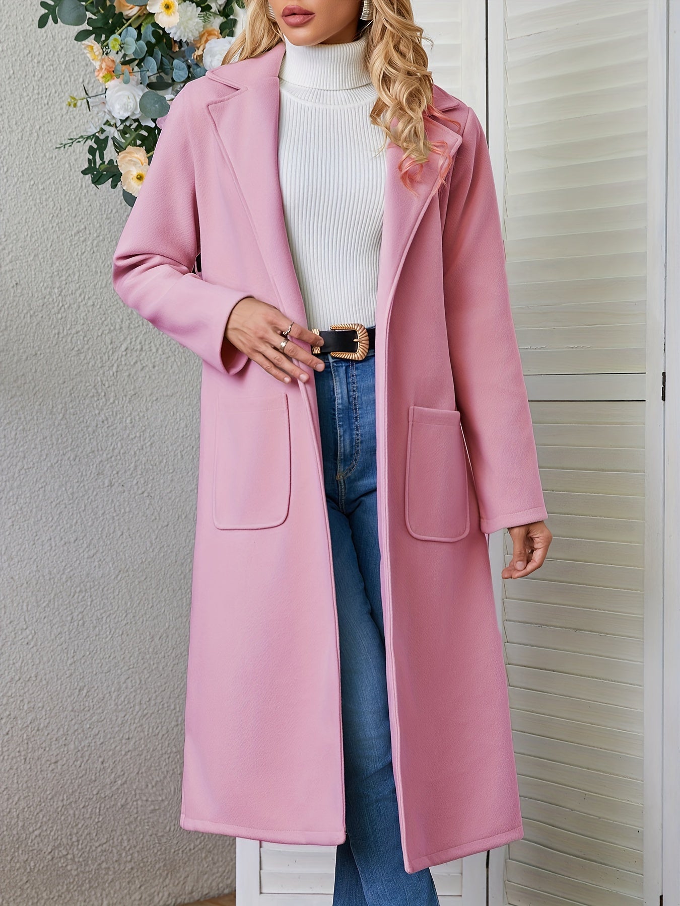 Sixsr Solid Lapel Mid Length Overcoat, Casual Open Front Long Sleeve Outerwear With Pockets, Women's Clothing