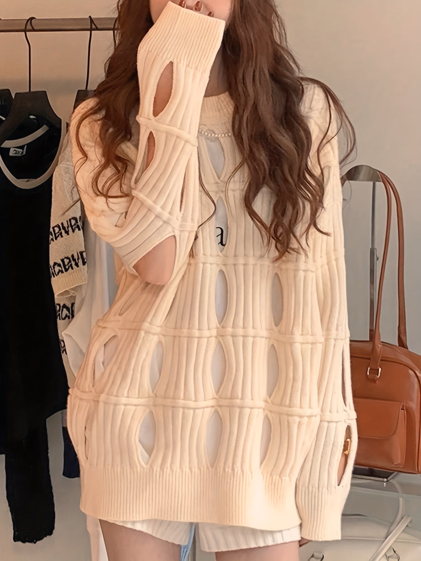 Sixsr Solid Cut Out Pullover Sweater, Casual Long Sleeve Loose Stylish Sweater, Women's Clothing