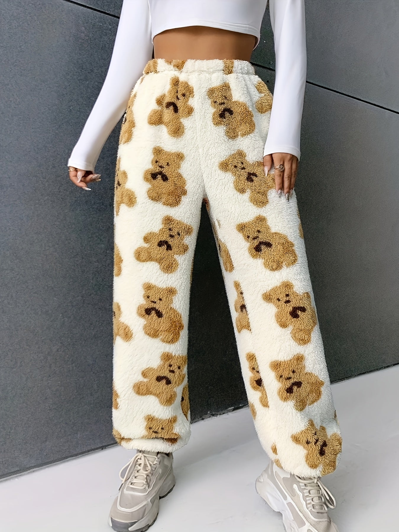 Sixsr Bear Pattern Plush Baggy Joggers, Casual High Waist Pants, Women's Clothing
