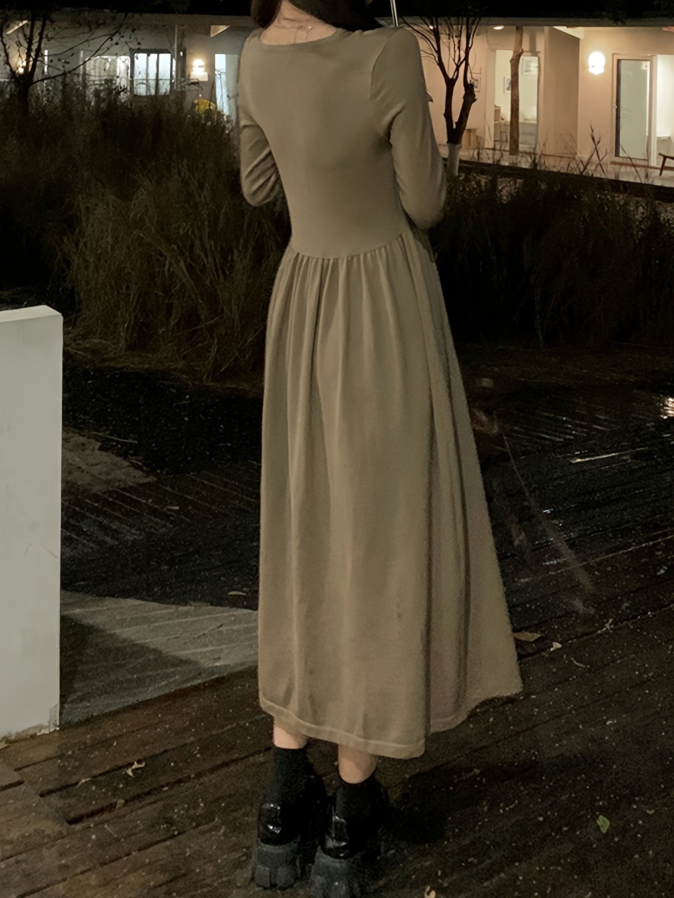 Sixsr Cut Out Long Sleeve A-line Dress, Chic Crew Neck Midi Length Dress, Women's Clothing