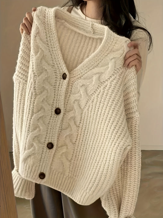 Sixsr Solid Button Down Cable Knit Cardigan, Casual Long Sleeve Loose Thick Sweater, Women's Clothing