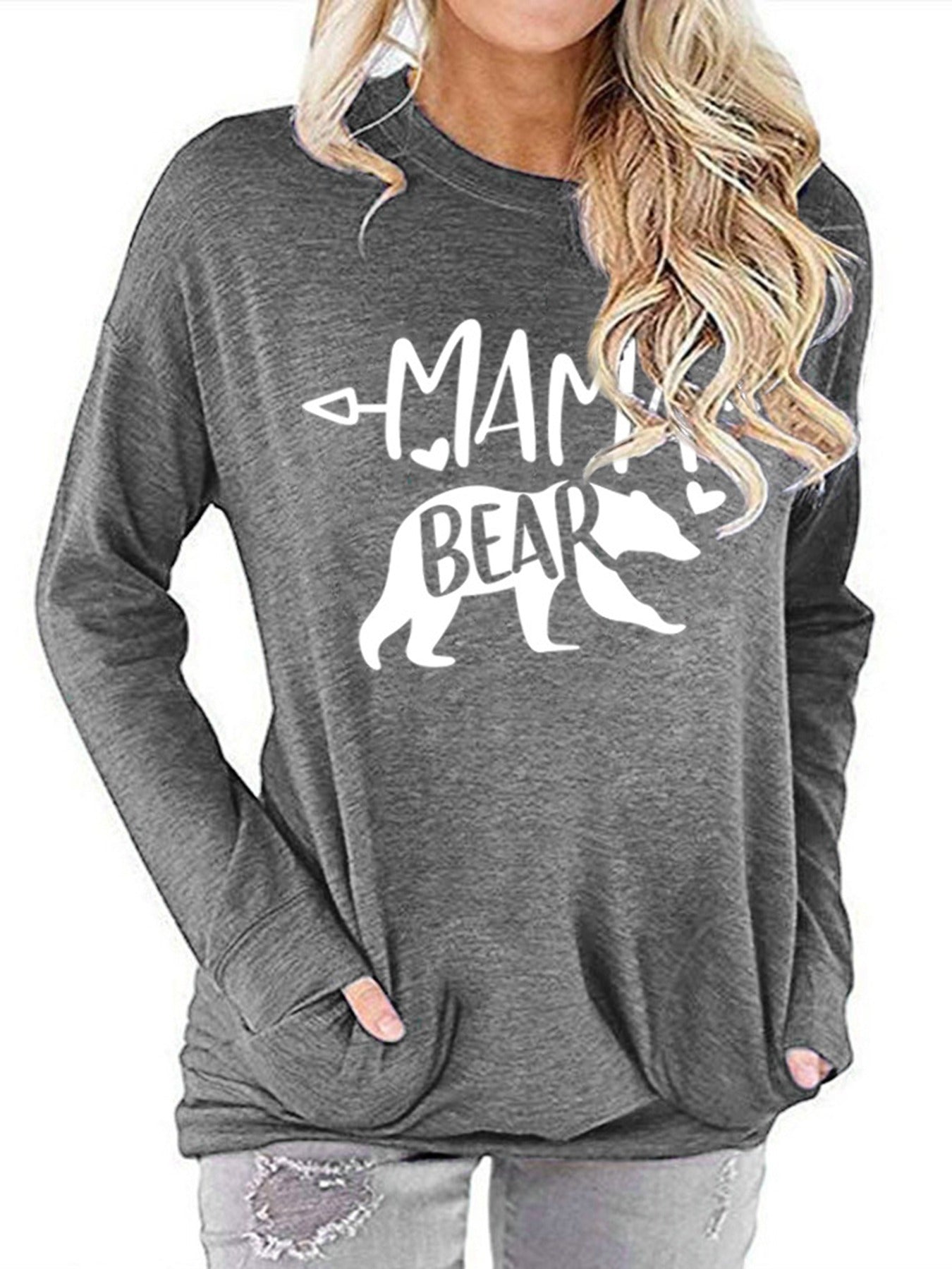 Sixsr Mamabear Bear Pattern Print T-shirt, Round Neck Long Sleeve Pullover T-Shirt, Women's Clothing