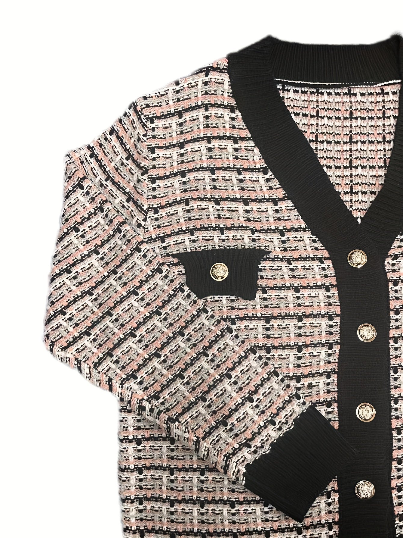 Sixsr Plaid Pattern V Neck Button Up Cardigan, Casual Long Sleeve Fake Pockets Cardigan For Spring & Fall, Women's Clothing