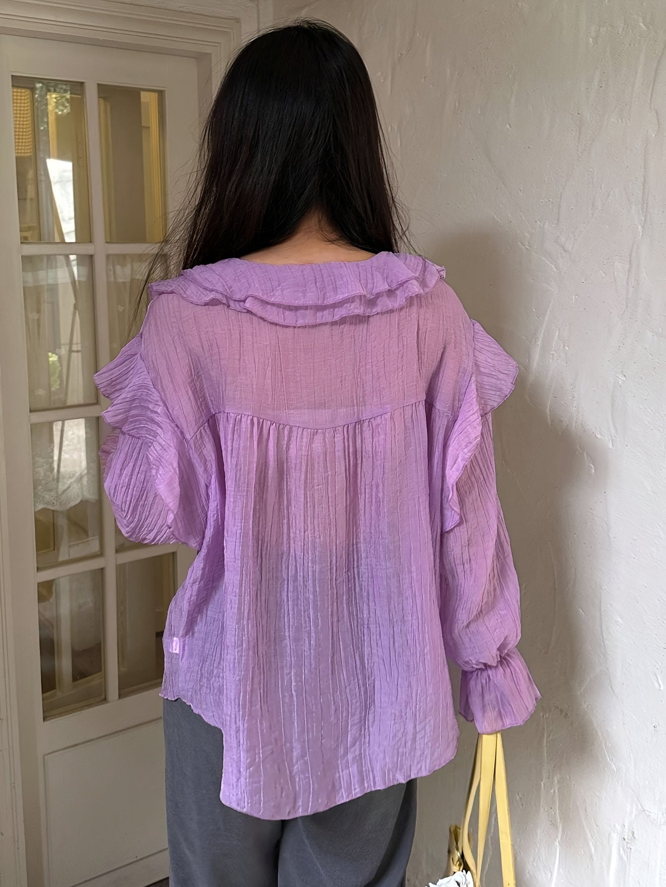 Sixsr Solid Ruffle Trim V-neck Blouse, Elegant Long Sleeve Blouse For Spring & Fall, Women's Clothing