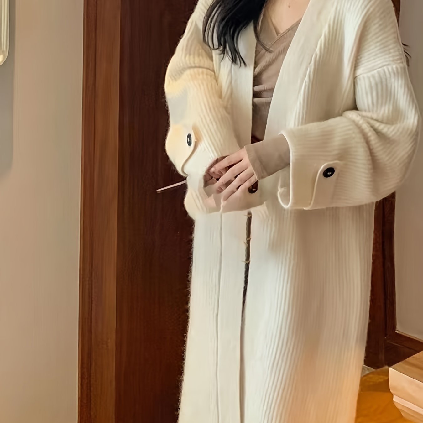 Sixsr Elegant Open Front Solid Cardigan, Long Sleeve Midi Length Cardigan For Fall & Winter, Women's Clothing