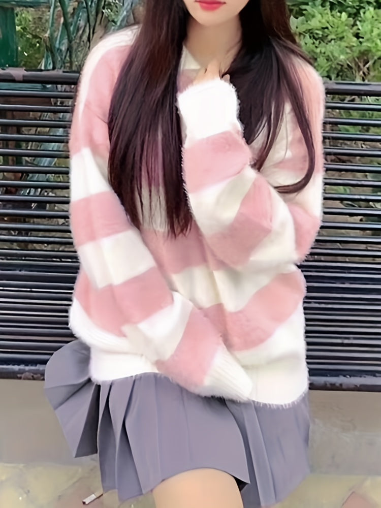 Sixsr Striped Print Collar Knit Sweater, Vintage Drop Shoulder Long Sleeve Sweater, Women's Clothing