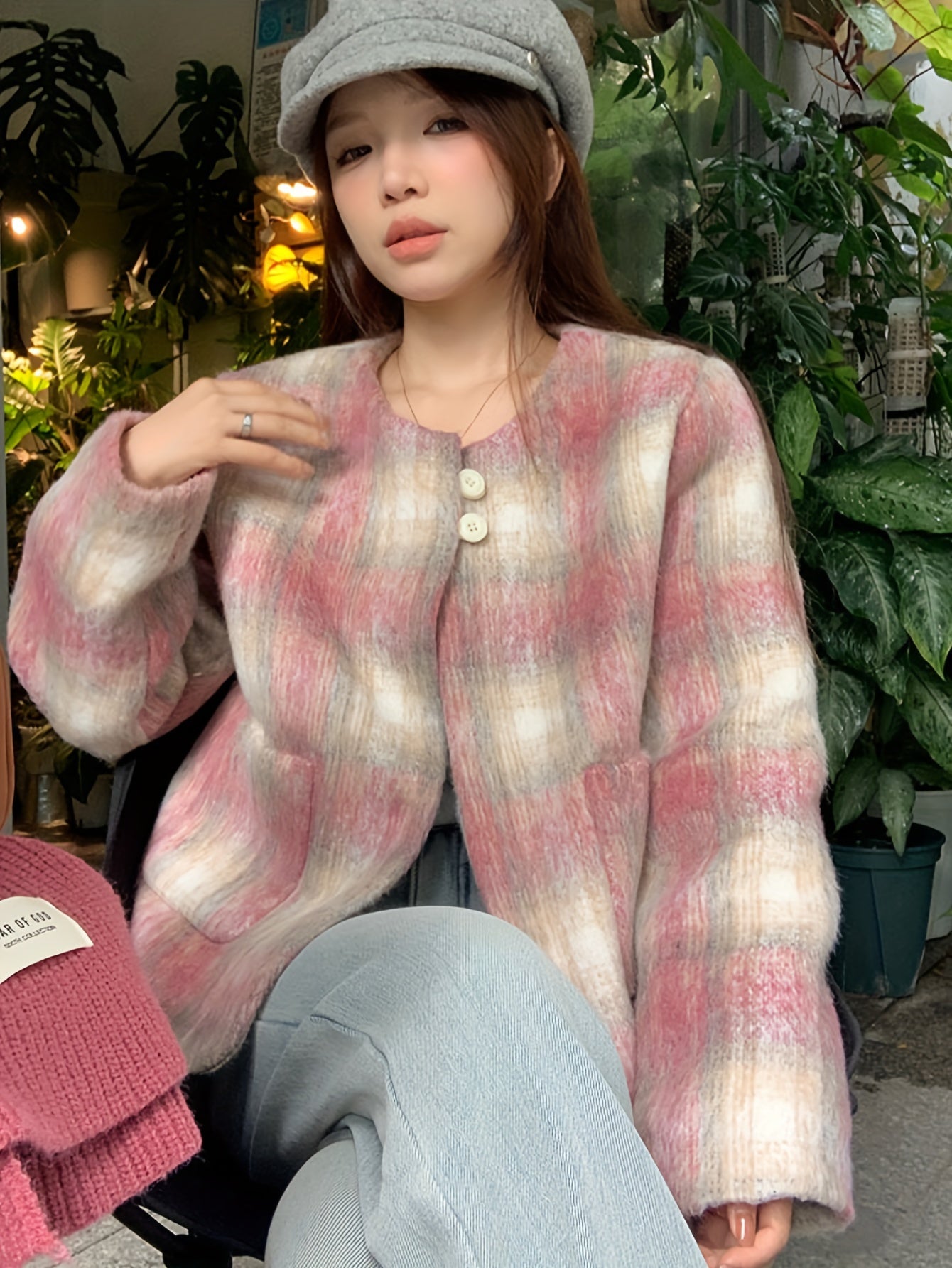 Sixsr Plaid Pattern Single Breasted Pockets Jacket, Elegant Long Sleeve Outwear For Fall & Winter, Women's Clothing