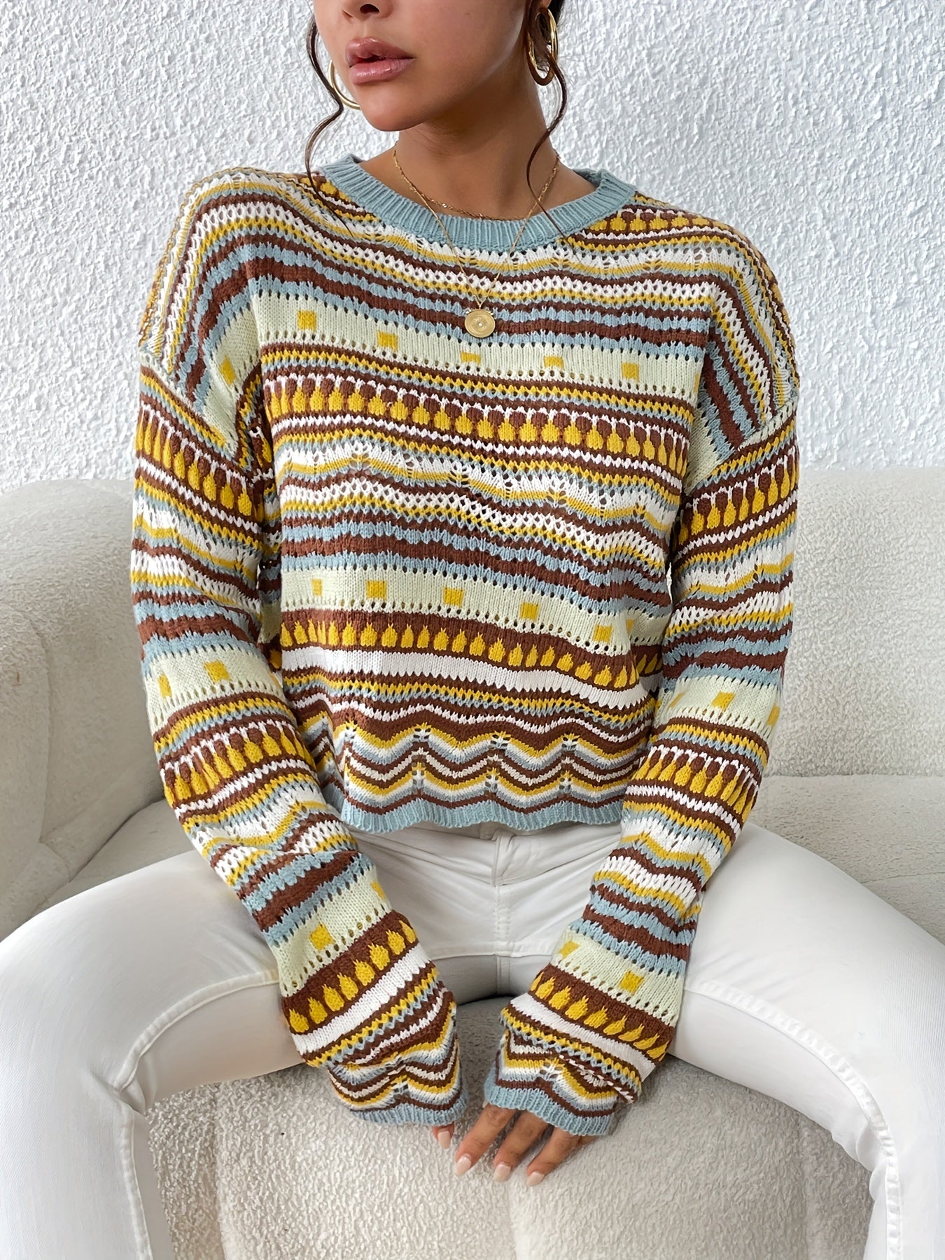 Sixsr Ethnic Print Eyelet Knit Sweater, Casual Crew Neck Long Sleeve Drop Shoulder Sweater, Women's Clothing