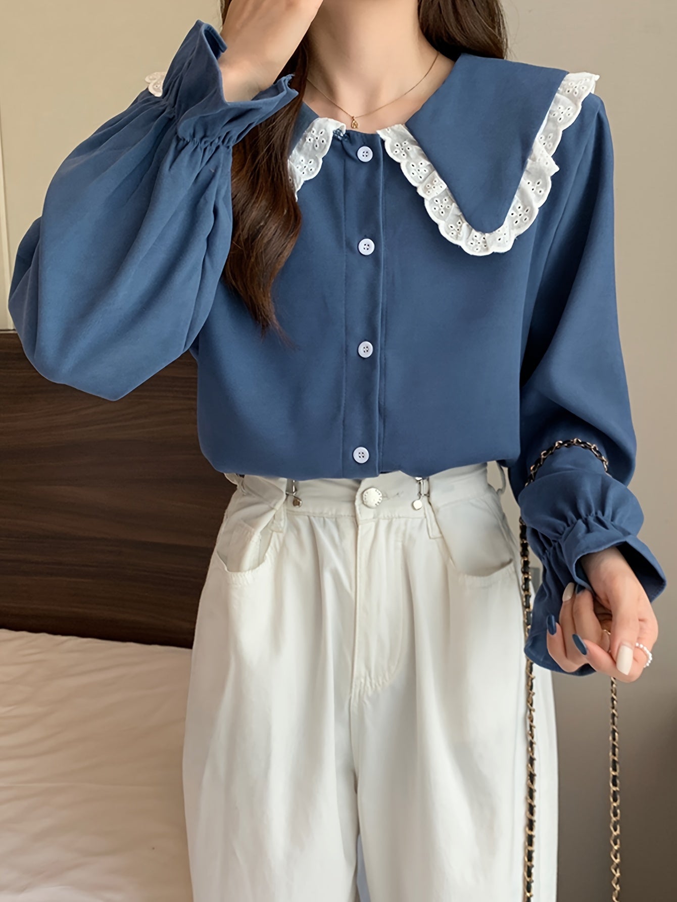 Sixsr Eyelet Lace Stitching Peter Pan Collar Shirt, Sweet Long Sleeve Button Front Shirt For Spring & Fall, Women's Clothing