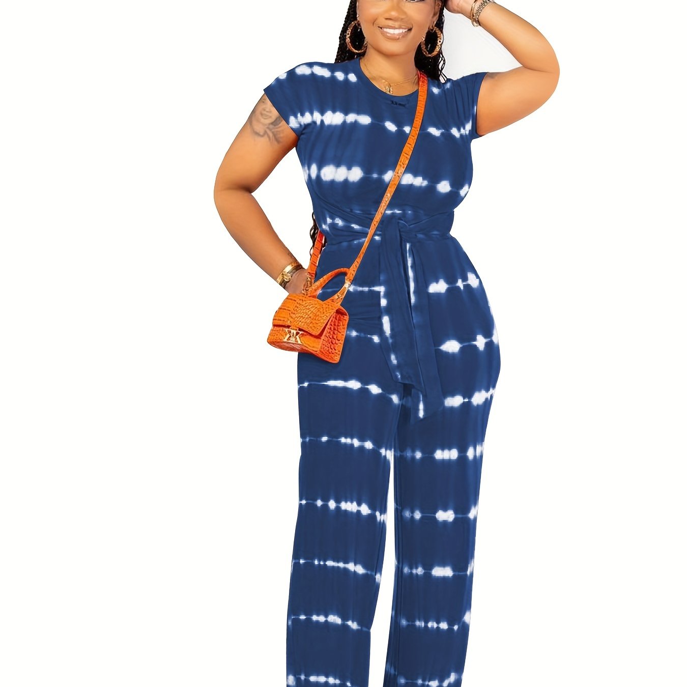 two-piece Tie Dye Casual Set for Women - Short Sleeve Lace Up T-shirt and Straight Leg Pants Outfit for Comfortable and Stylish Look
