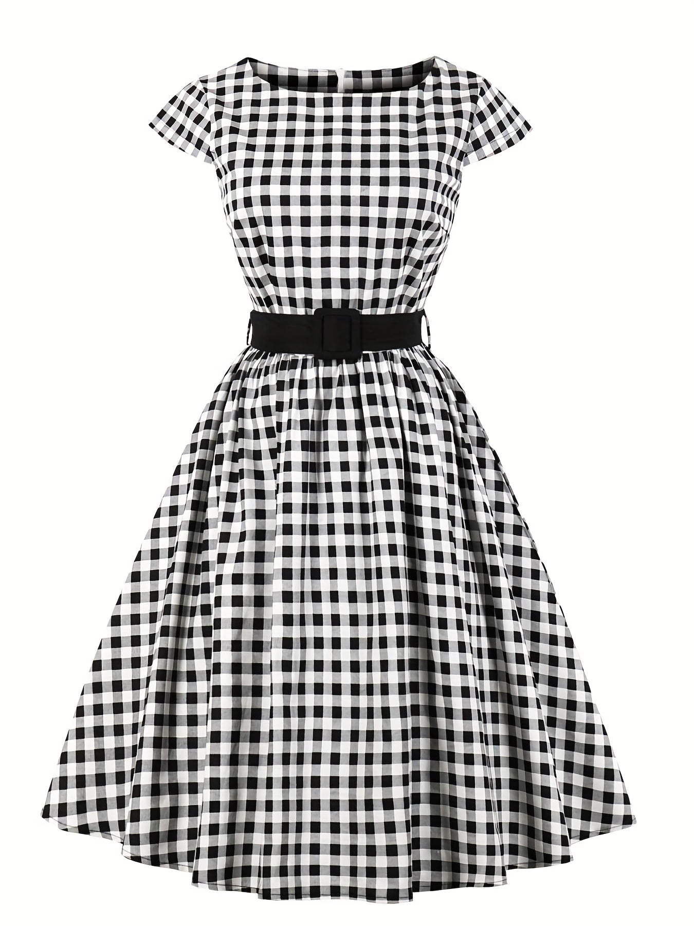Plus Size Elegant Dress, Women's Plus Plaid Print Cap Sleeve Round Neck Slight Stretch Swing Dress With Belt