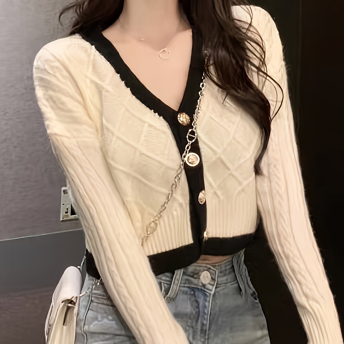 Sixsr Elegant Contrast Trim Button Cardigan, Long Sleeve Cardigan For Spring & Fall, Women's Clothing