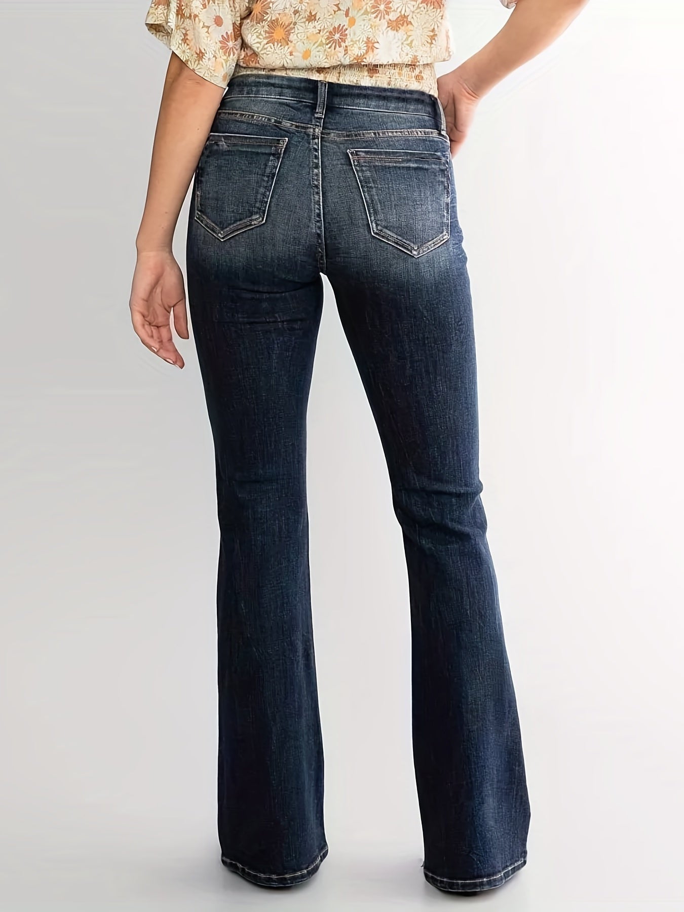 Sixsr Double Button Whiskering Flare Leg Jeans, Mid Waist Retro Faded Watter Tipple Embossed Denim Pants, Women's Denim Jeans & Clothing