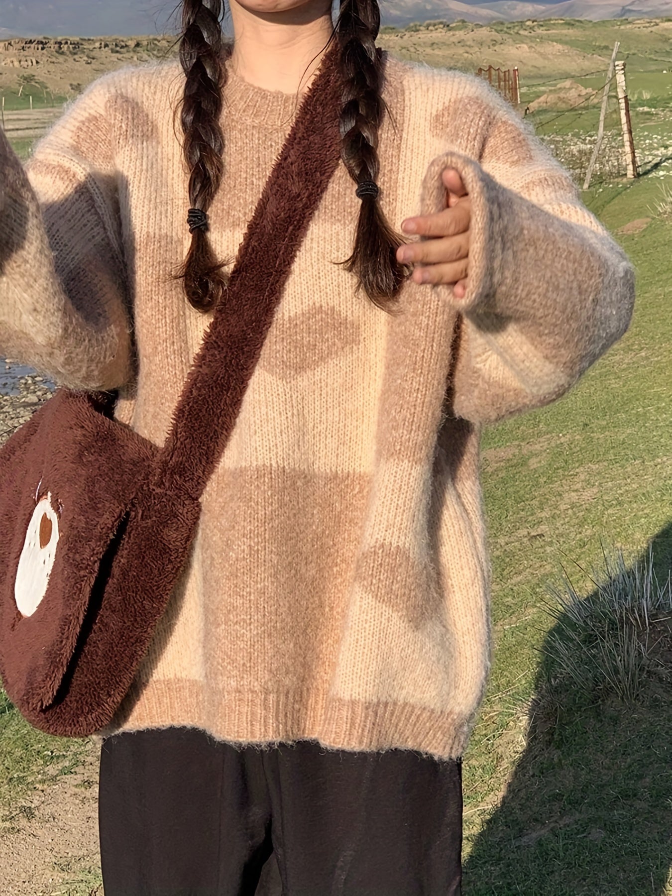 Sixsr Heart Pattern Crew Neck Sweater, Casual Long Sleeve Sweater For Fall & Winter, Women's Clothing