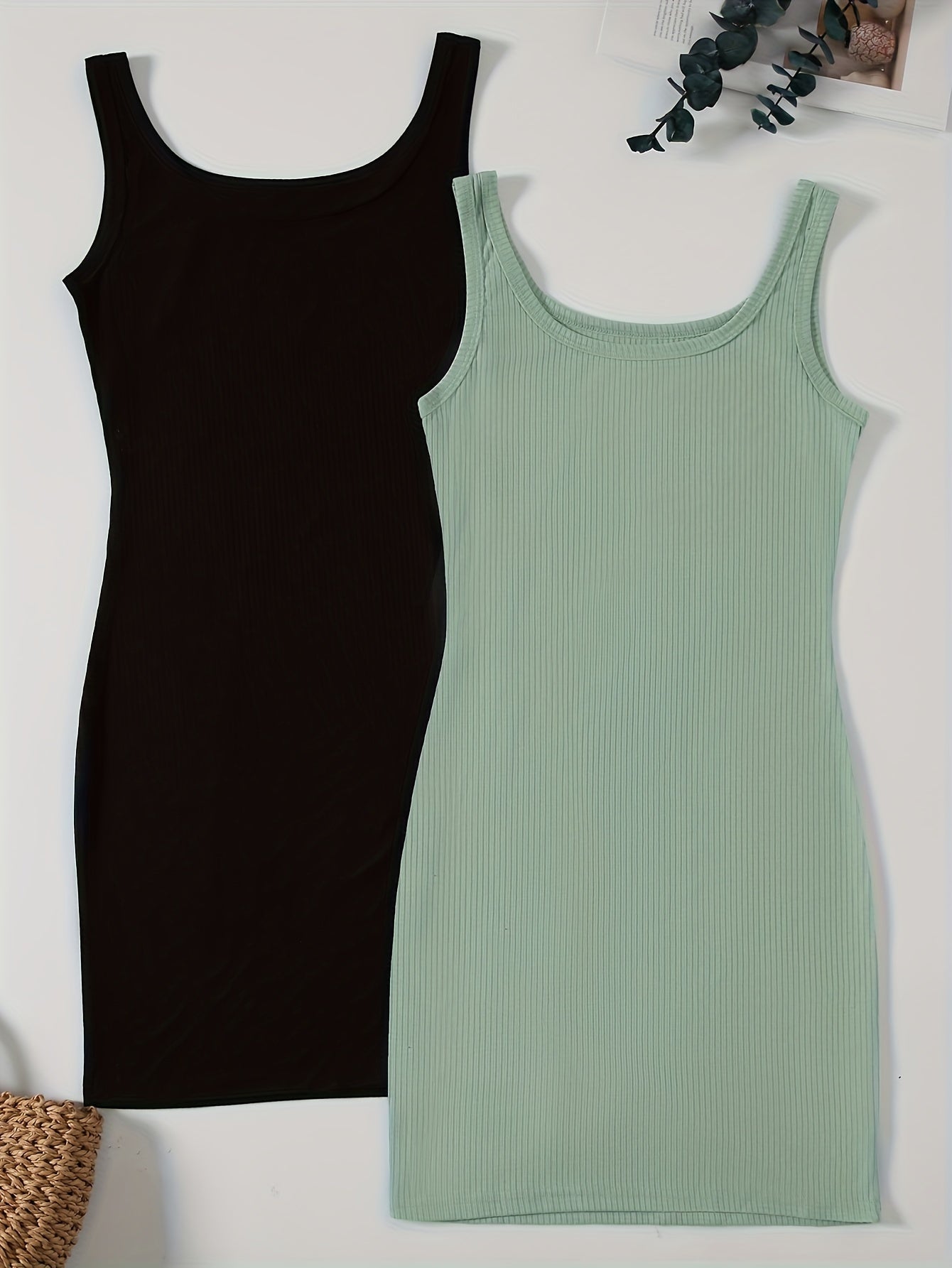 Sixsr 2 Pieces Solid Bodycon Tank Dress, Casual Crew Neck Dress For Spring & Summer, Women's Clothing