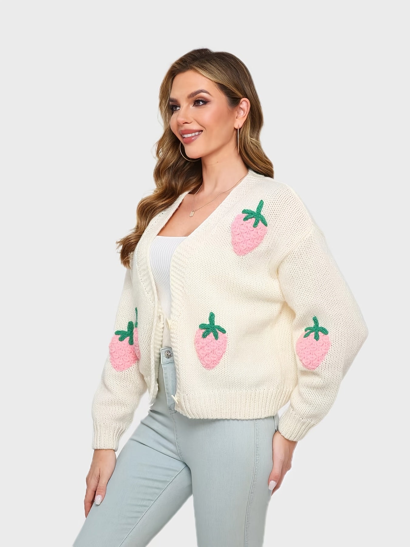 Sixsr Women's Sweater Women's Strawberry Pattern Button Through Cardigan