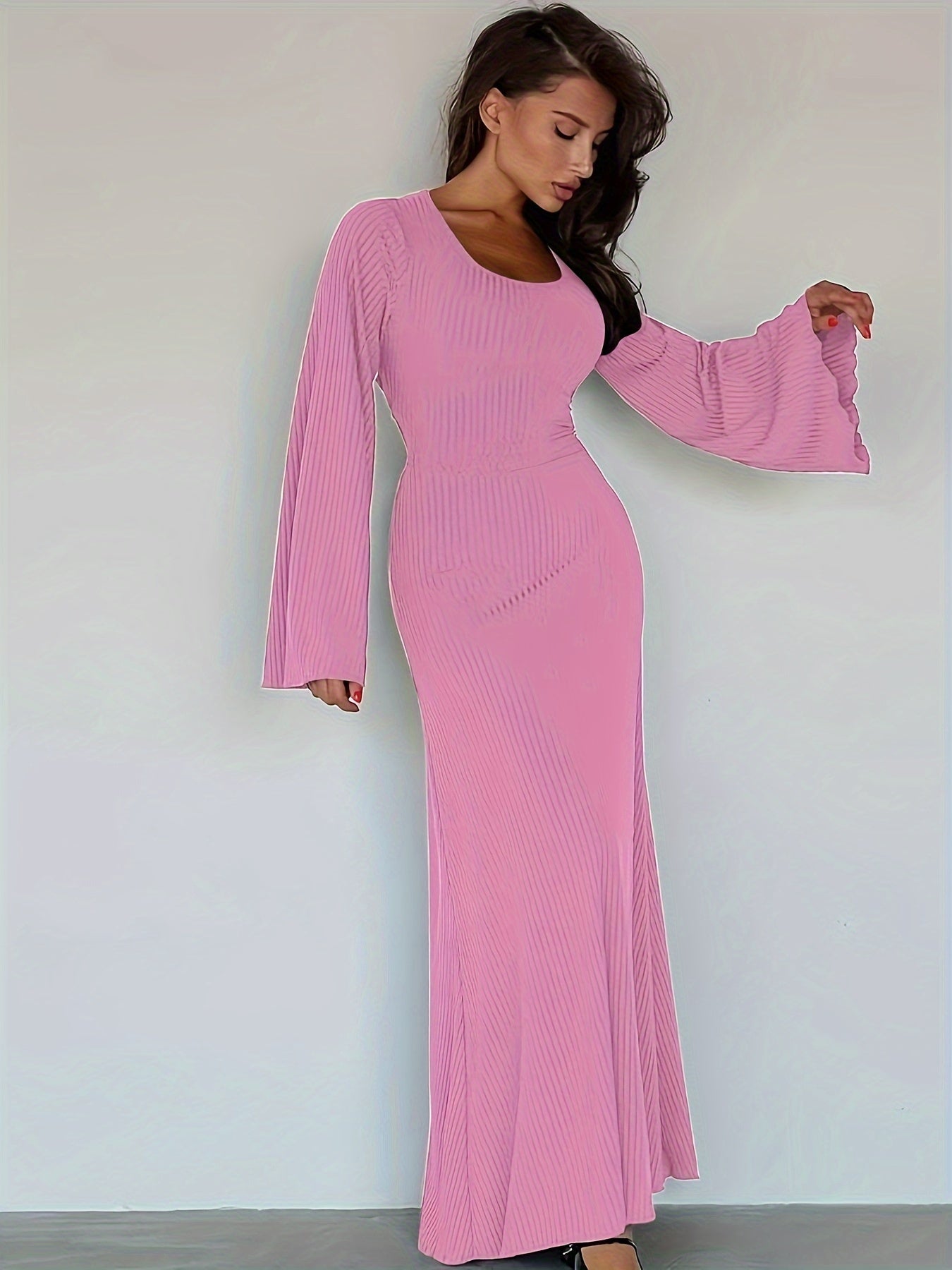 Sixsr Solid Flared Long Sleeve Dress, Casual Squared Neck Maxi Dress, Women's Clothing