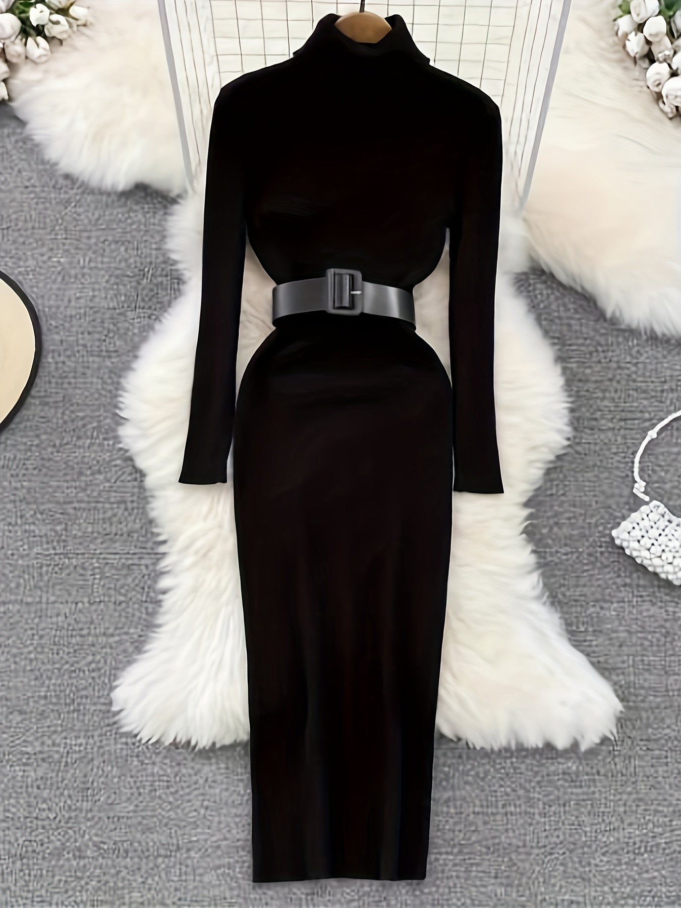 Sixsr Rib Knit Sweater Dress, Casual High Neck Long Sleeve Bodycon Dress, Women's Clothing