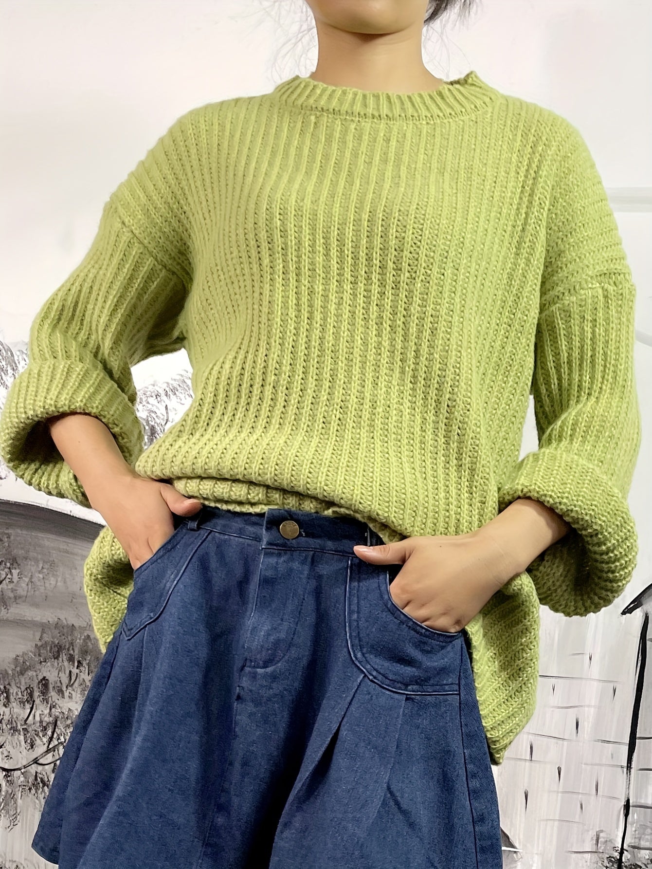 Sixsr Solid Crew Neck Rib Knit Sweater, Casual Long Sleeve Loose Pullover Sweater, Women's Clothing