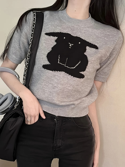 Sixsr Graphic Pattern Crew Neck Knitted Top, Casual Short Sleeve Sweater For Spring & Summer, Women's Clothing