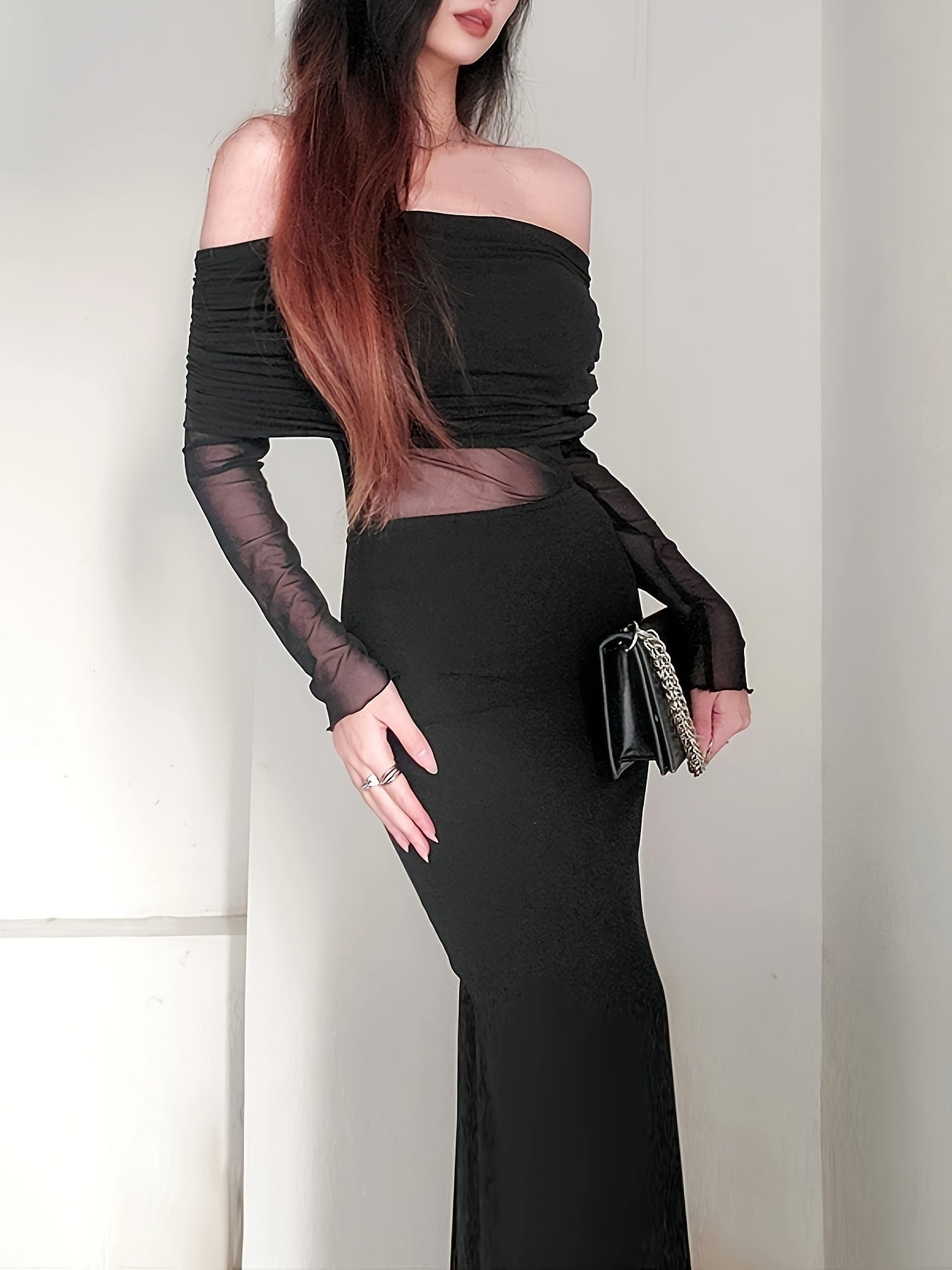 Sixsr Foldover Off-shoulder Mesh Dress, Stylish Long Sleeve Slim Dress, Women's Clothing