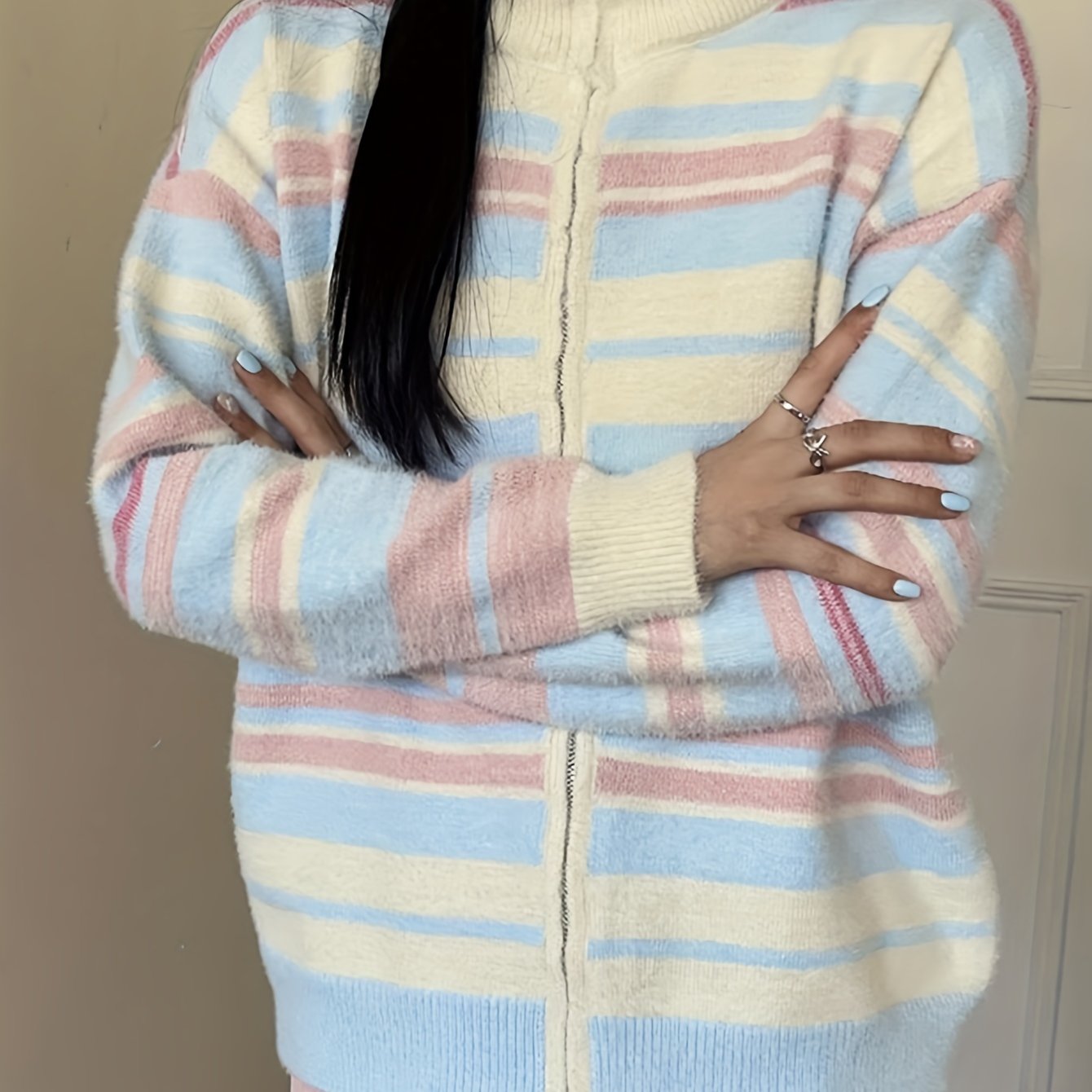 Sixsr Dopamine Striped Zip Up Knit Cardigan, Casual Turtle Neck Long Sleeve Loose Sweater, Women's Clothing