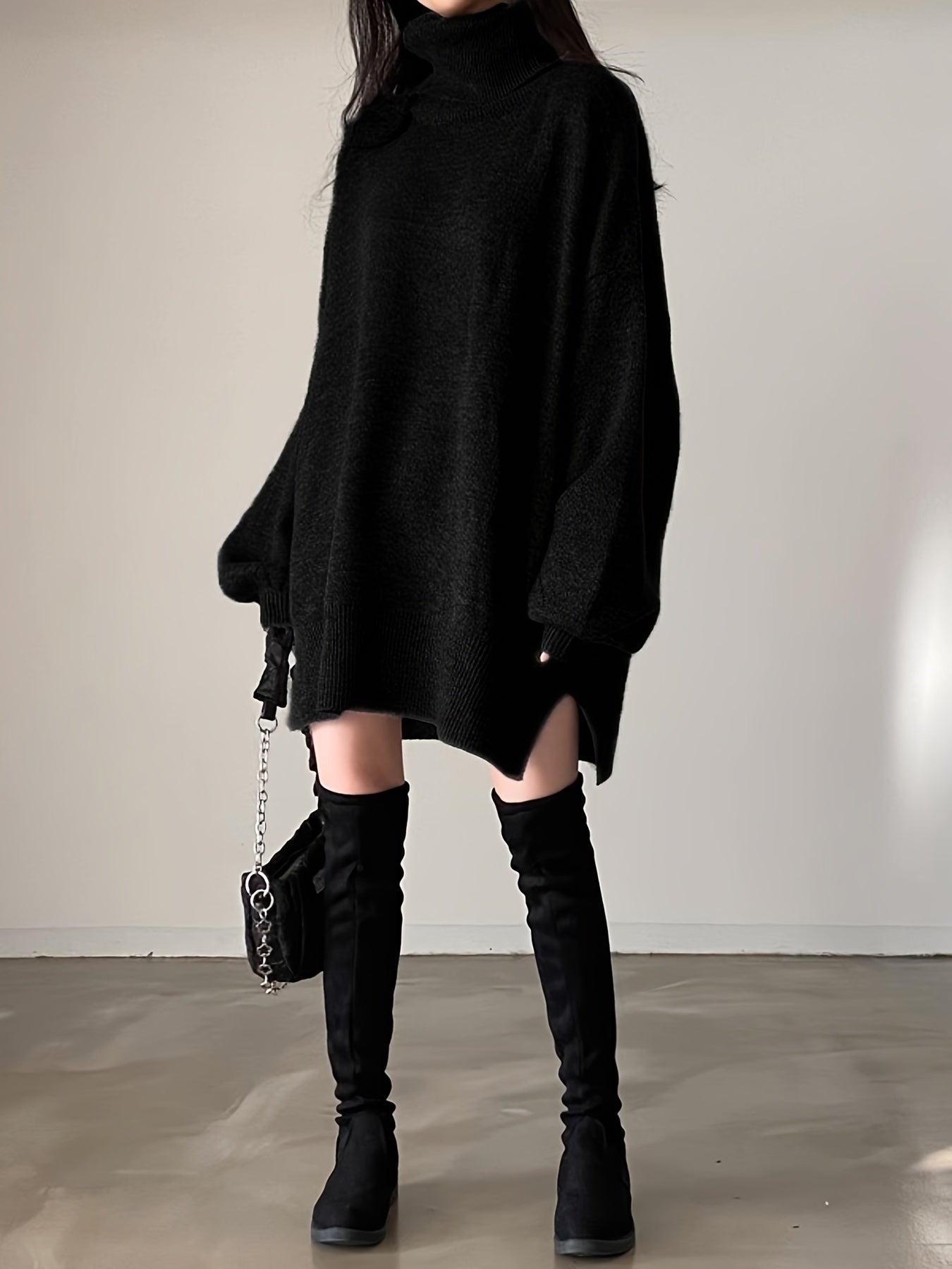 Sixsr Solid Turtle Neck Oversized Sweater, Casual Long Sleeve Split Sweater, Women's Clothing