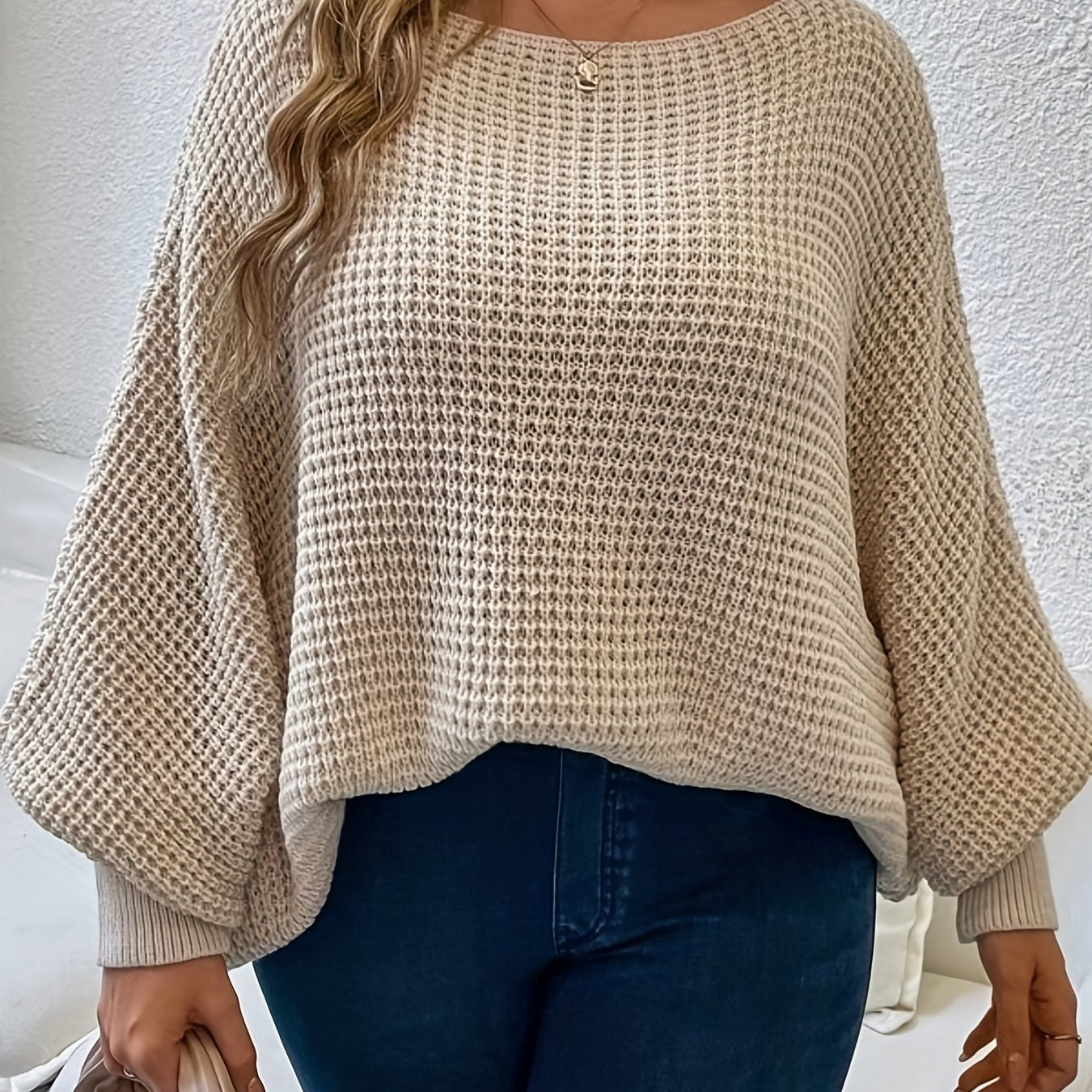 Sixsr Plus Size Casual Sweater, Women's Plus Plain Bat Sleeve Round Neck Slight Stretch Pullover Sweater