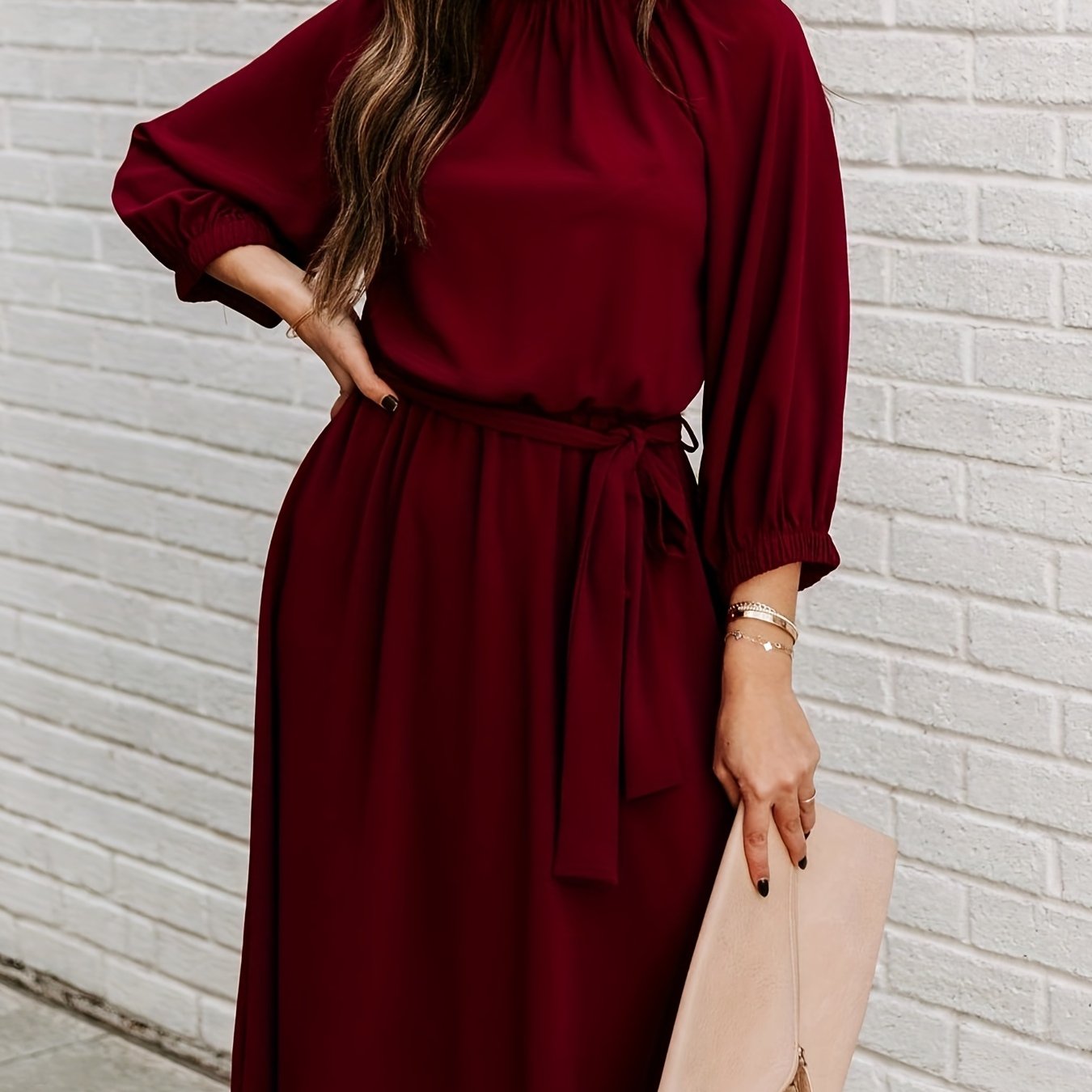 Sixsr Long Sleeve Tie Waist Midi Dress, Solid Casual Dress For Spring & Fall, Women's Clothing