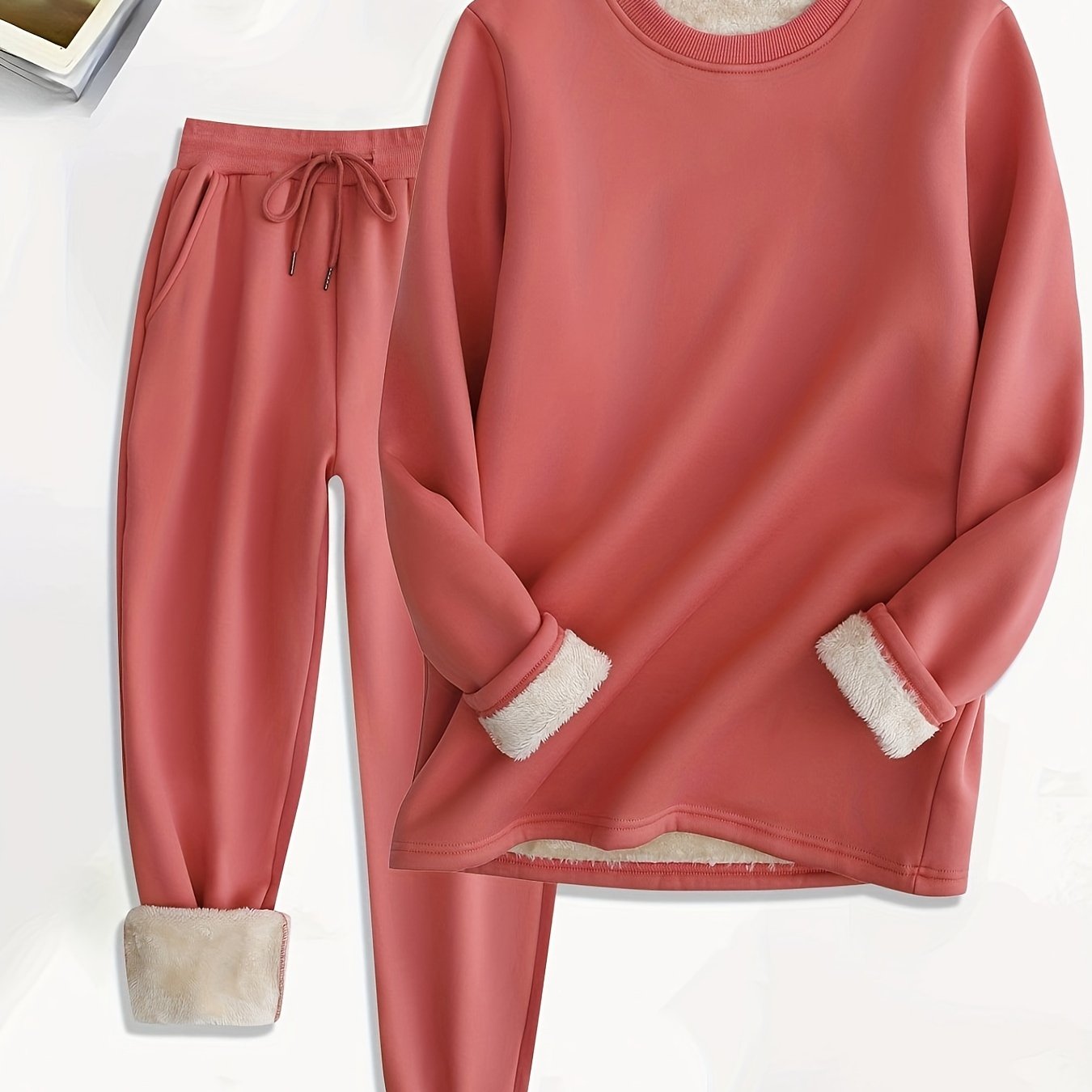 Sixsr Solid Fleece Two-piece Set, Casual Long Sleeve Sweatshirt & Drawstring Jogger Pants Outfits, Women's Clothing