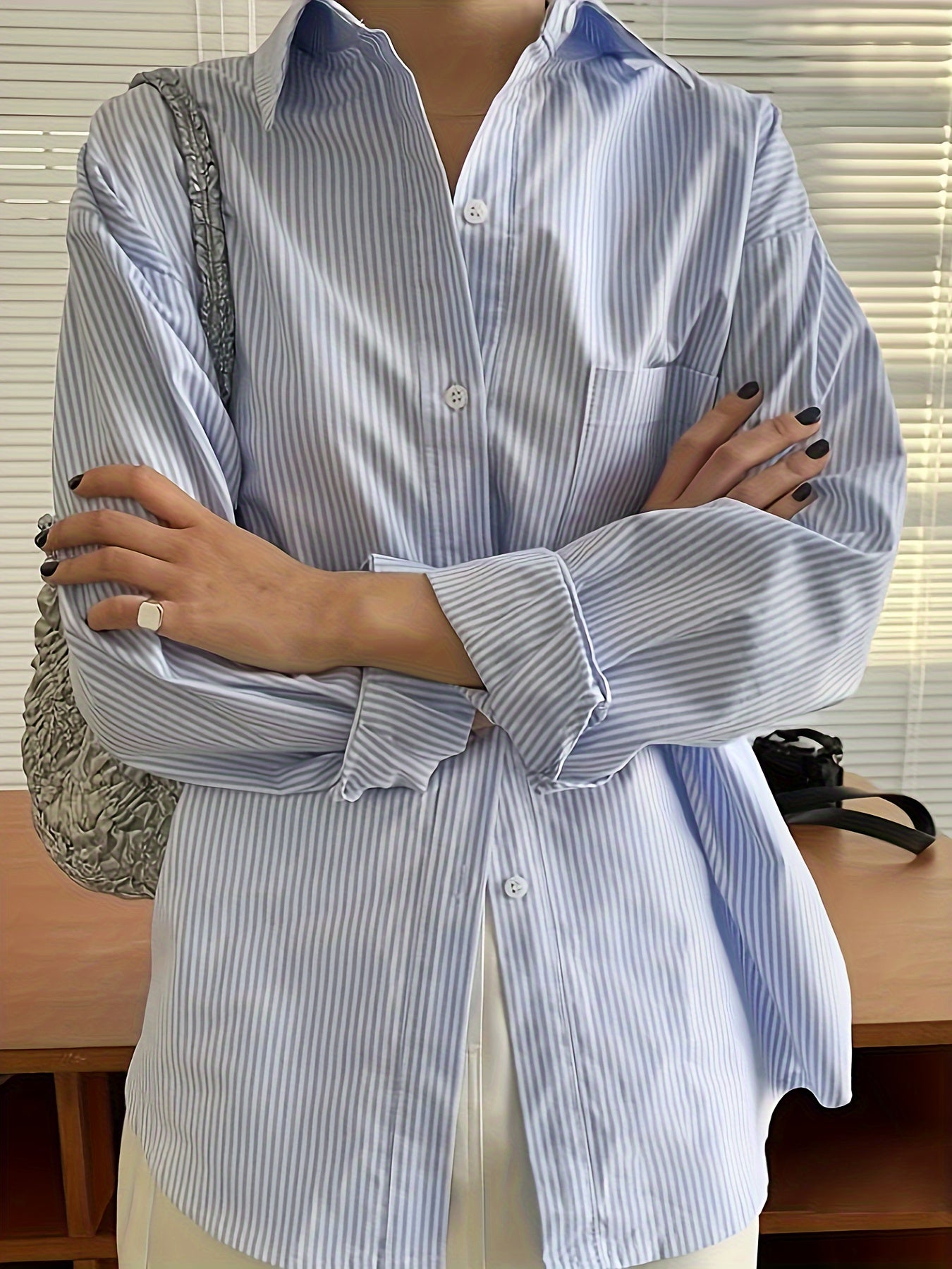 Sixsr Striped Print Patched Pocket Shirt, Vintage Long Sleeve Drop Shoulder Shirt, Women's Clothing