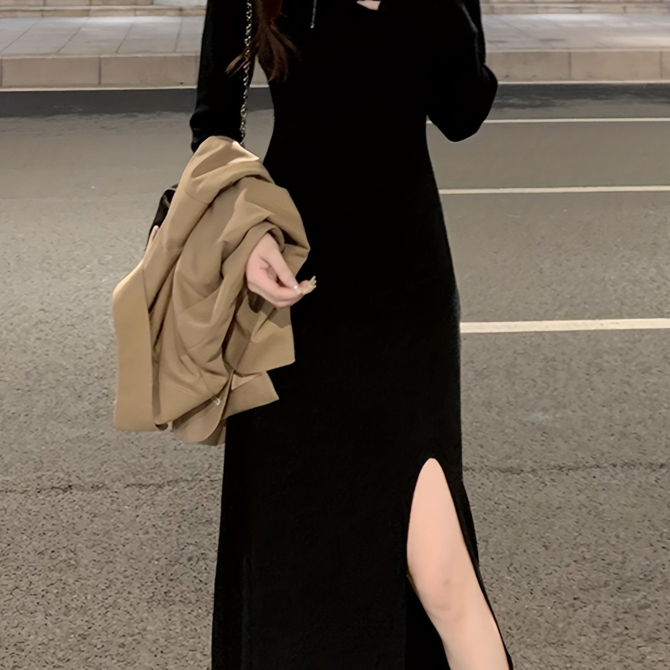 Sixsr Solid Square Neck Split Dress, Elegant Long Sleeve Slim Dress For Spring & Fall, Women's Clothing