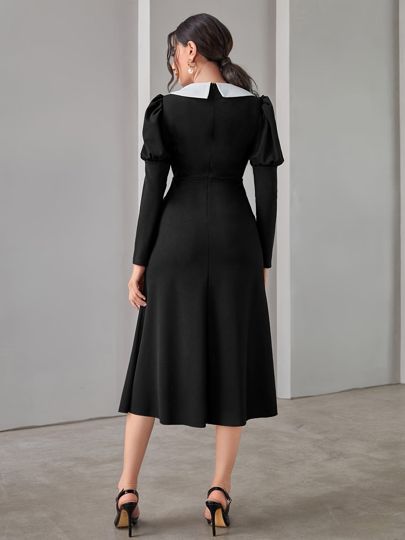 Sixsr Color Block Puff Long Sleeve Dress, Elegant V Neck Midi Dress, Women's Clothing
