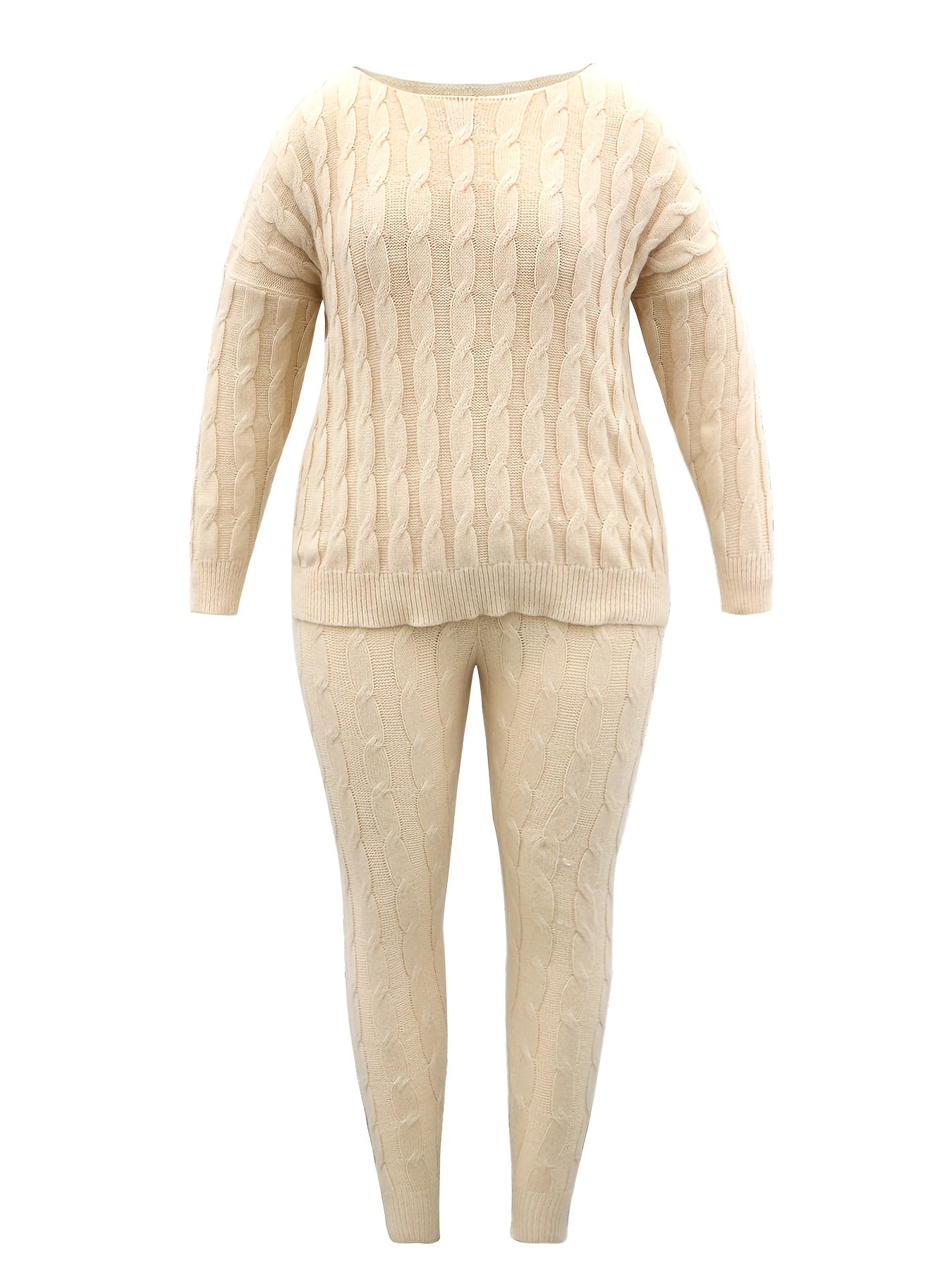 Sixsr Plus Size Casual Sweater Outfits 2 Piece Set, Women's Plus Solid Jacquard Long Sleeve Round Neck Sweater & Pants Outfits Two Piece Set