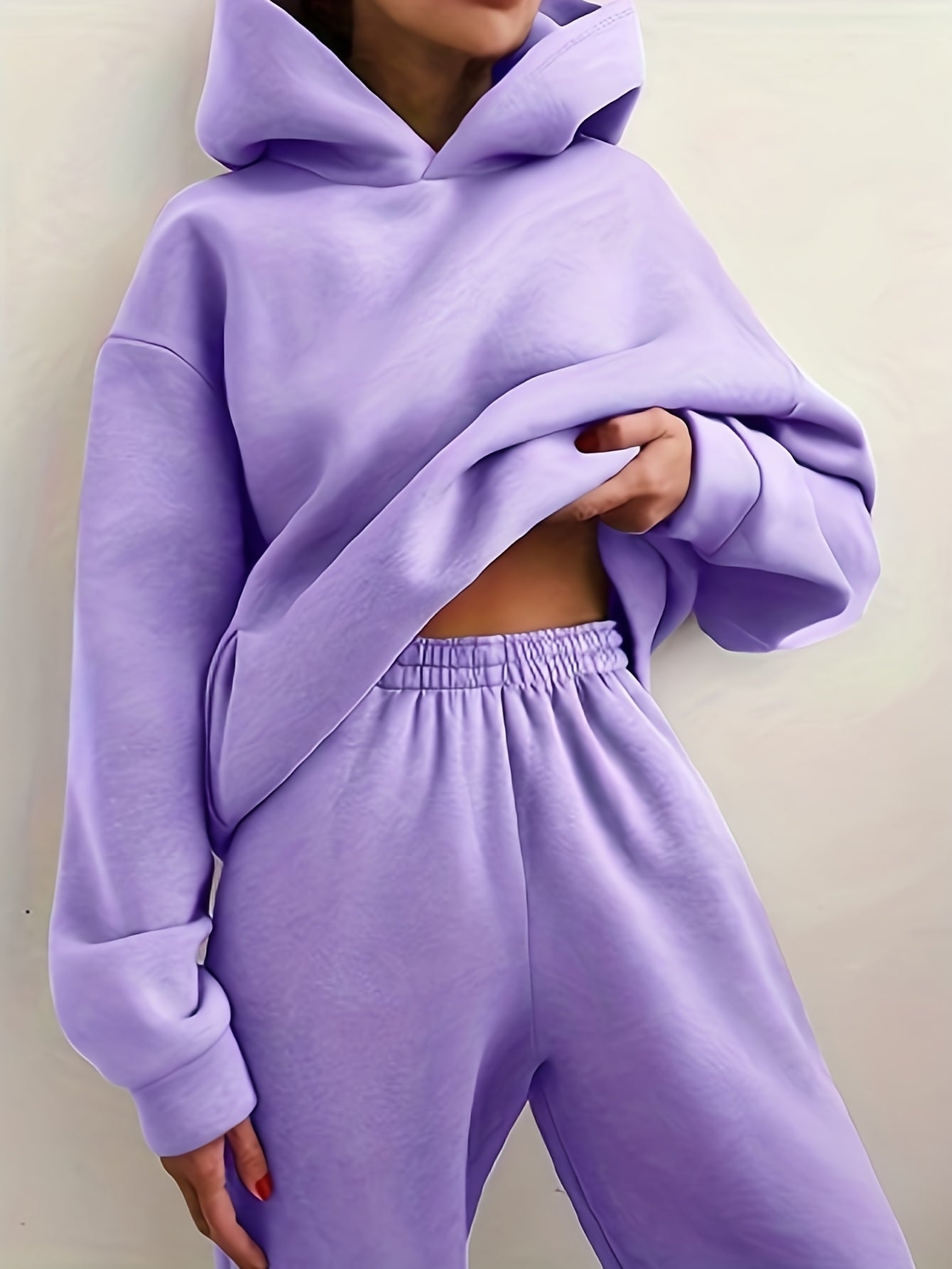 Sixsr Casual Solid Two-piece Set, Drop Shoulder Long Sleeve Hoodies & Elastic Waist Jogger Pants Outfits, Women's Clothing