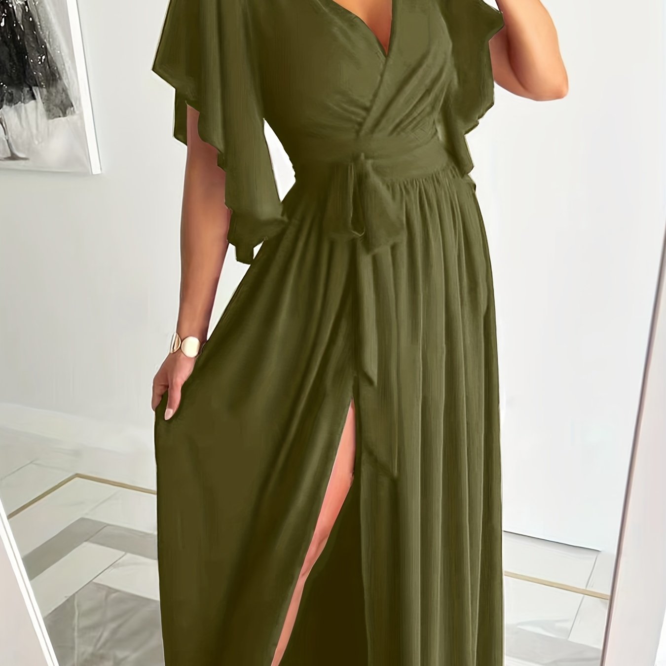 Elegant Plus Size Maxi Dress with Ruffle Sleeves and High Split Hem - Perfect for Special Occasions