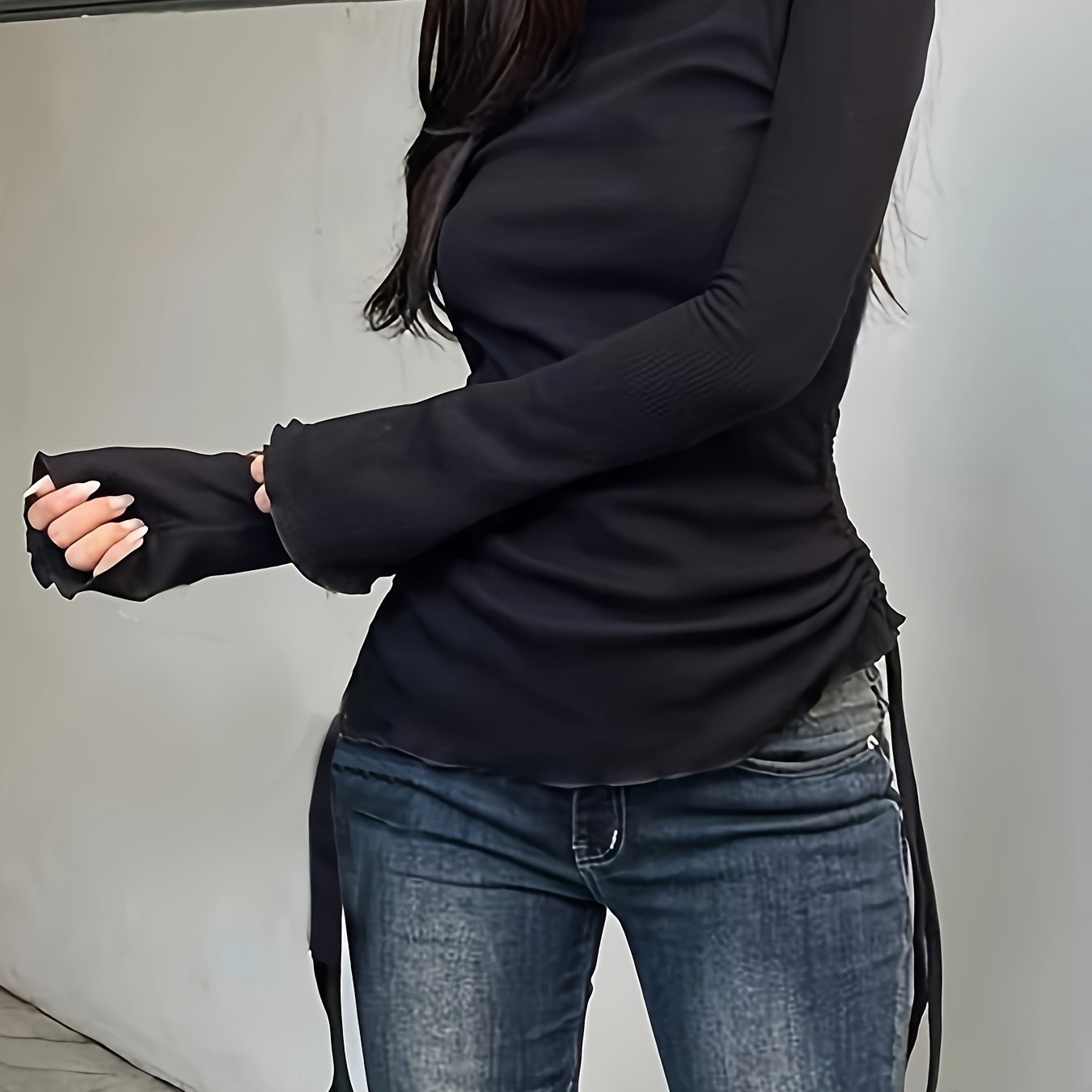 Sixsr Drawstring Crew Neck T-Shirt, Y2K Long Sleeve Lettuce Trim Top For Spring & Fall, Women's Clothing