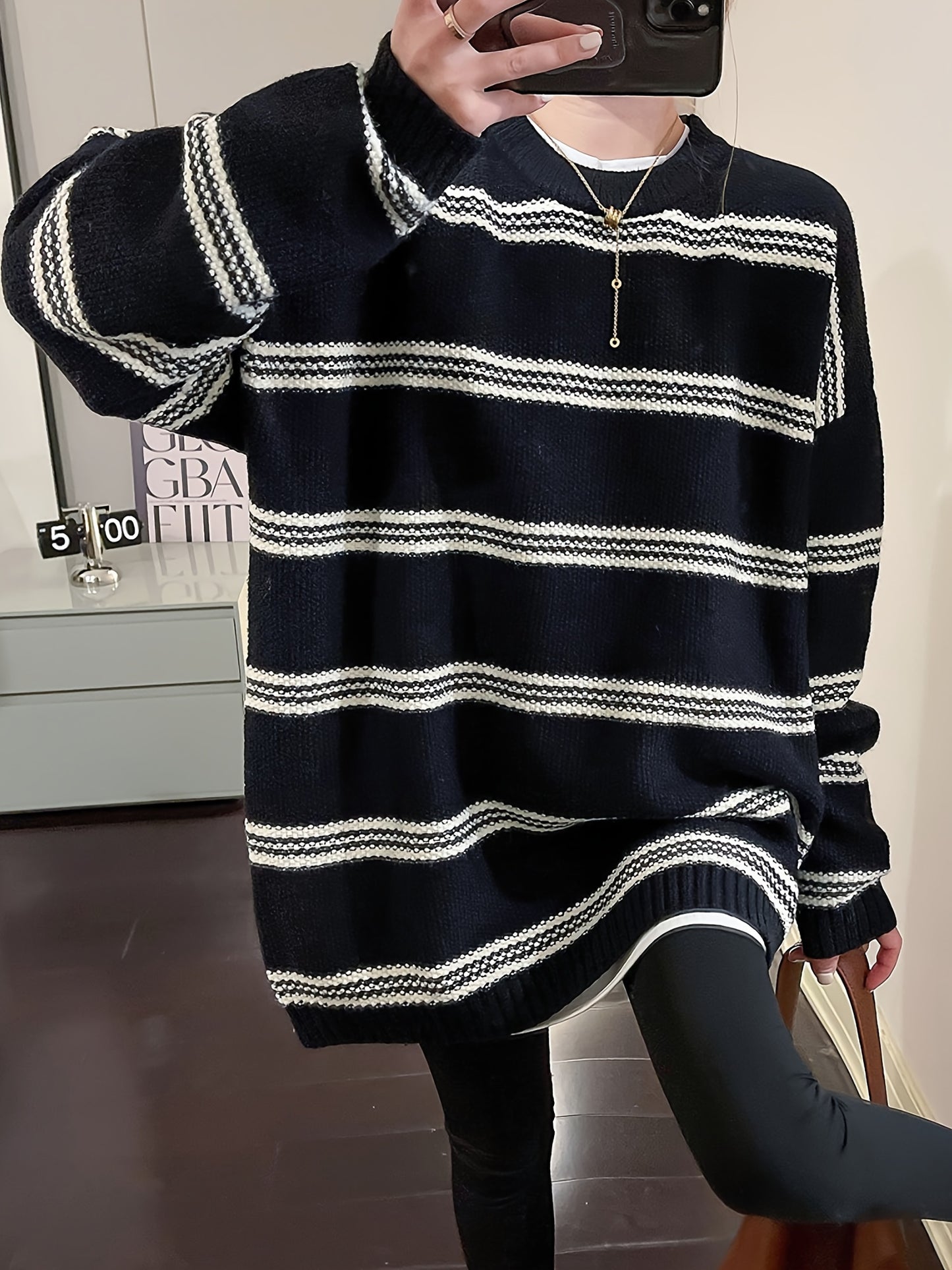 Sixsr Striped Crew Neck Pullover Sweater, Vintage Long Sleeve Oversized Slouchy Sweater, Women's Clothing