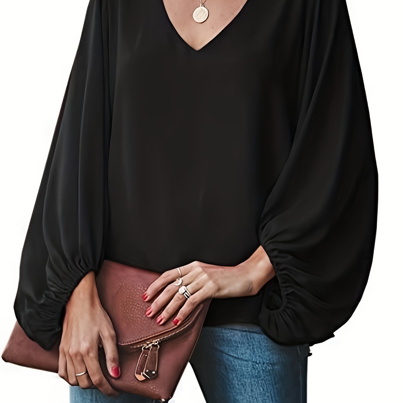 Sixsr Plus Size Casual Top, Women's Plus Solid Lantern Sleeve V Neck Non-stretch Loose Fit Top